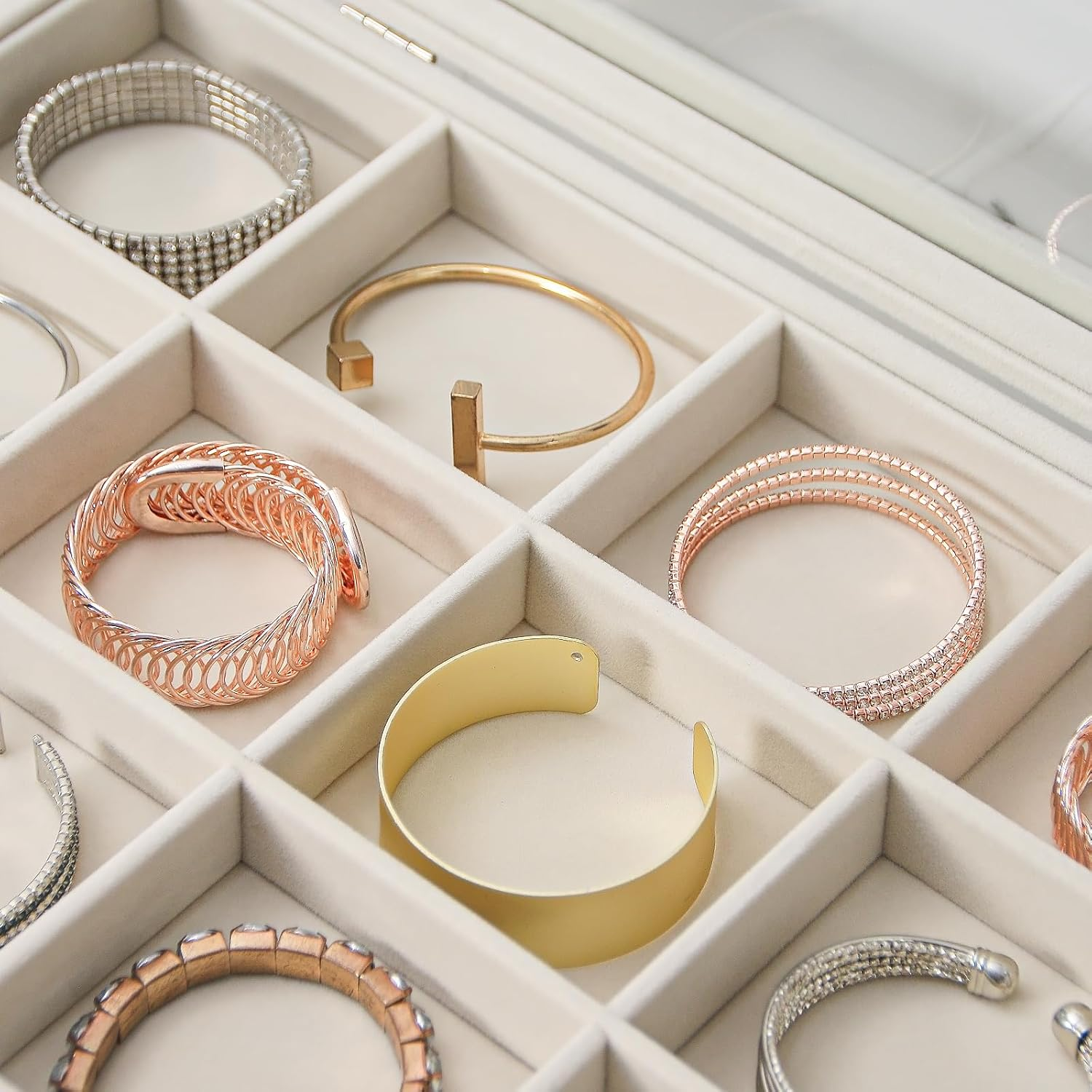 Coward Jewelry Organizer Box, Beige Velvet 12 Grids Bracelet Bangle Necklace Jewelry Display Tray Case with Transparent Glass Lid for Home Drawer Desk or Store Selling Show image number 3