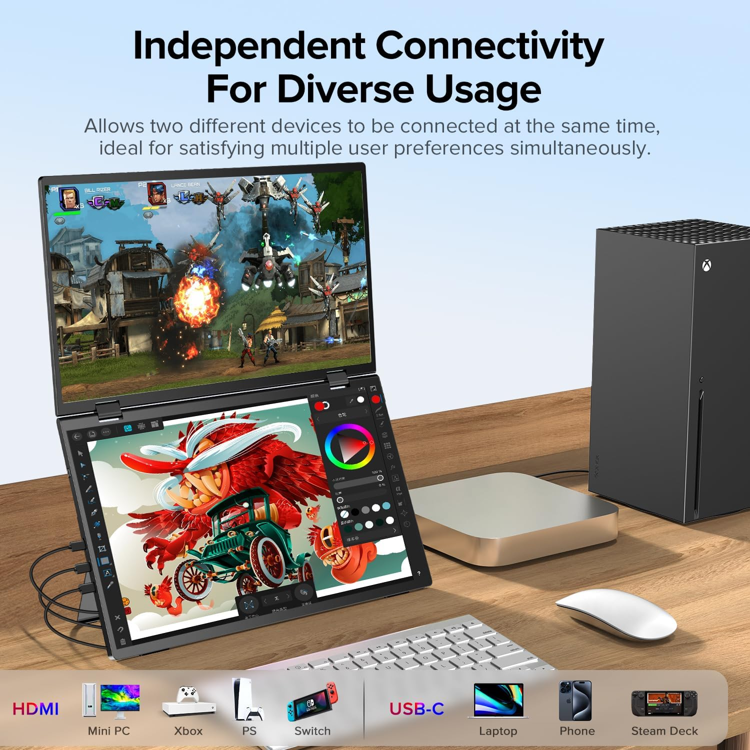 EVICIV 15.6" Dual Portable Monitor for Laptop, 1080P HDR Stacked Display, 360&deg; Folding, Plug & Play, Vertical Screen Extender with Adjustable Stand for Pc/Phone/Game Console (No Driver Needed) image number 5