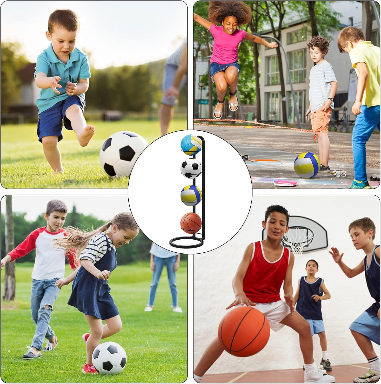 4-Tier Vertical Ball Storage Rack Ball Storage Rack Removable Vertical Display Sports Equipment Organizer Space-Saving Durable for Basketball Volleyball Football Rugby Badminton image number 1