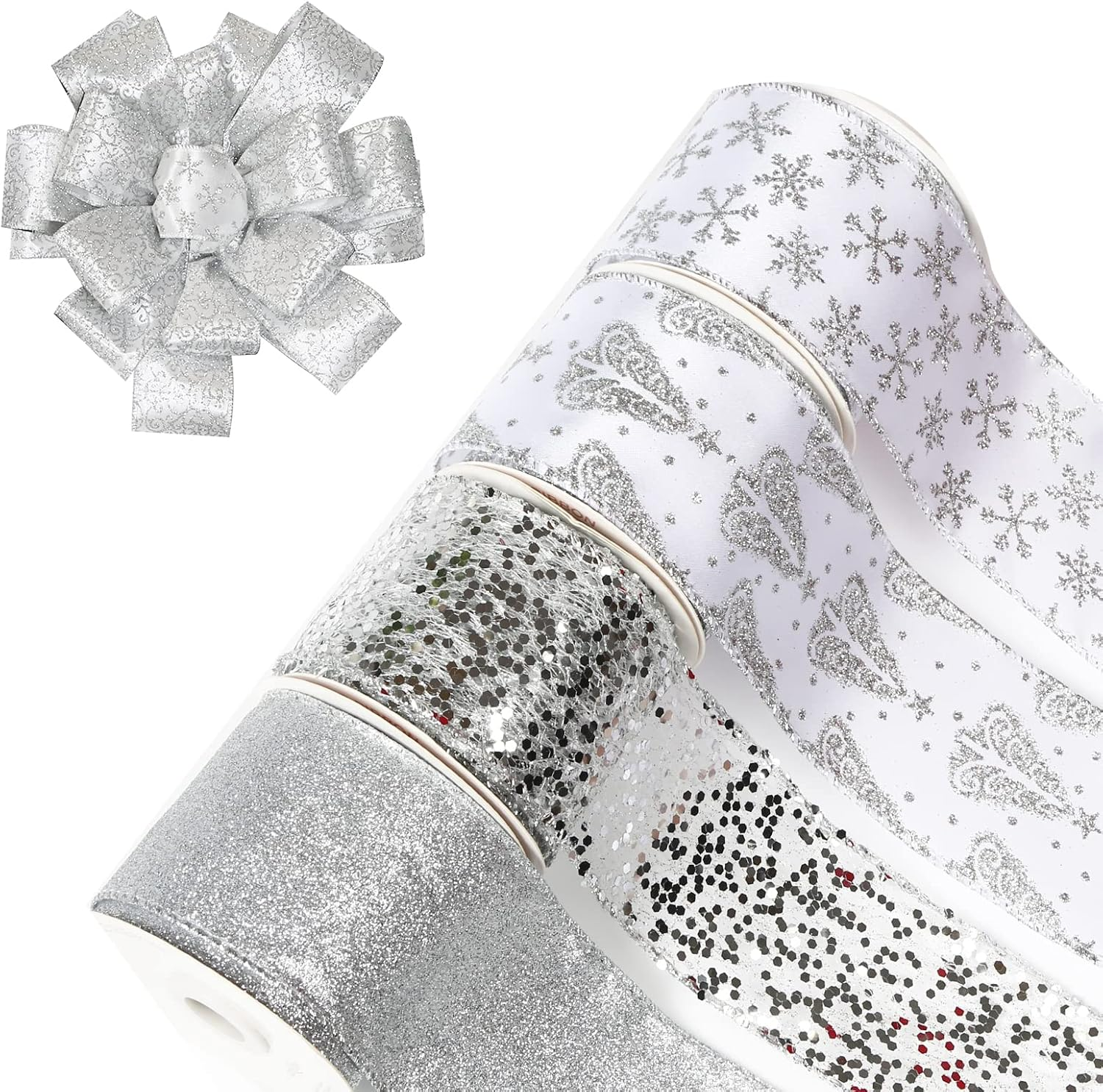 UNIQOOO 40 Yard 4 Rolls Seamless Silver Christmas Wired Ribbon Set, 2.5 Inch X 10Yd. Satin Burlap Wired Edge Ribbon for Xmas Tree D&eacute;cor, Gift Wrap Box, Bows, Wreath, Garland, Floral DIY Craft, Wedding