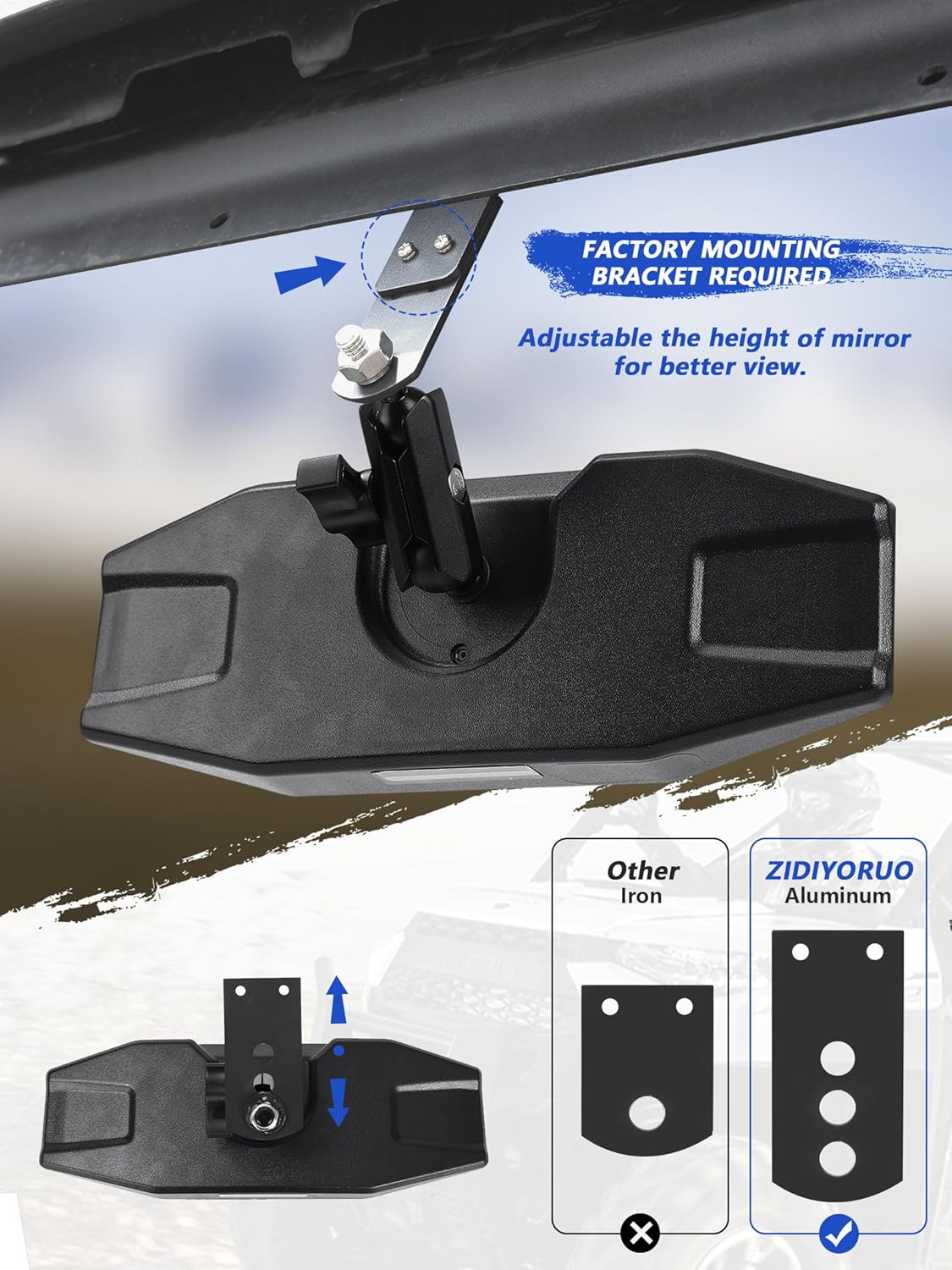 Polaris Ranger Rear View Mirror, ZIDIYORUO Adjustable Center Rearview Mirror for Polaris Ranger 500 570 900 XP 1000XP Crew 2017-2023, Fit Factory Drop down Mounting Tab (With 2Pcs of Belt Bypass) image number 4