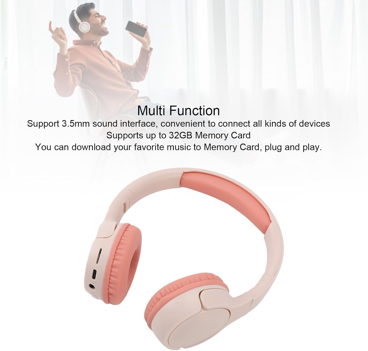 MENDUNER Bluetooth Headphones over Ear, Stereo Heavy Bass Lossless Rechargeable Wireless Headset, 40Mm Speaker, Foldable and Comfortable for Home Travel Gym Workout PC (Pink) - Blue image number 5
