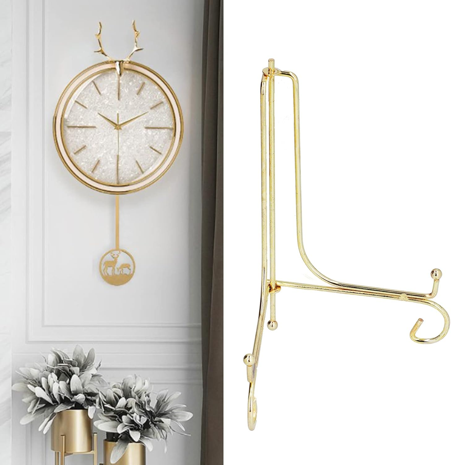 Metal Clock Stand Stylish Display Bracket for Home Office Modern Nordic Decor Gold round Plate Holder Iron 8.5X6.8In