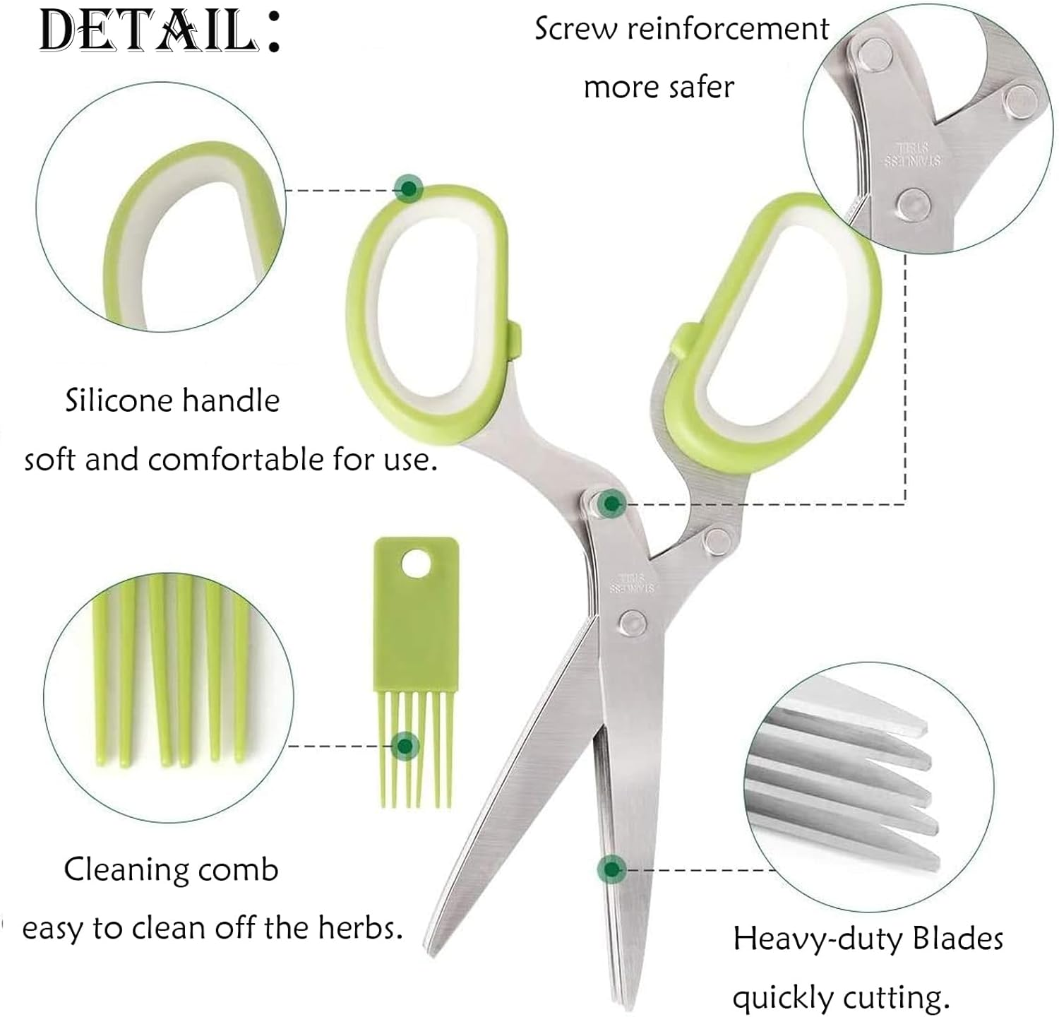 3PCS Gourmet Herb Scissors Set - Stainless Steel 5-Blade Multi-Purpose Kitchen Scissors with Safety Cover and Cleaning Comb - Cutter/Chopper/Chopper for Herbs - Kitchen Gadgets image number 5