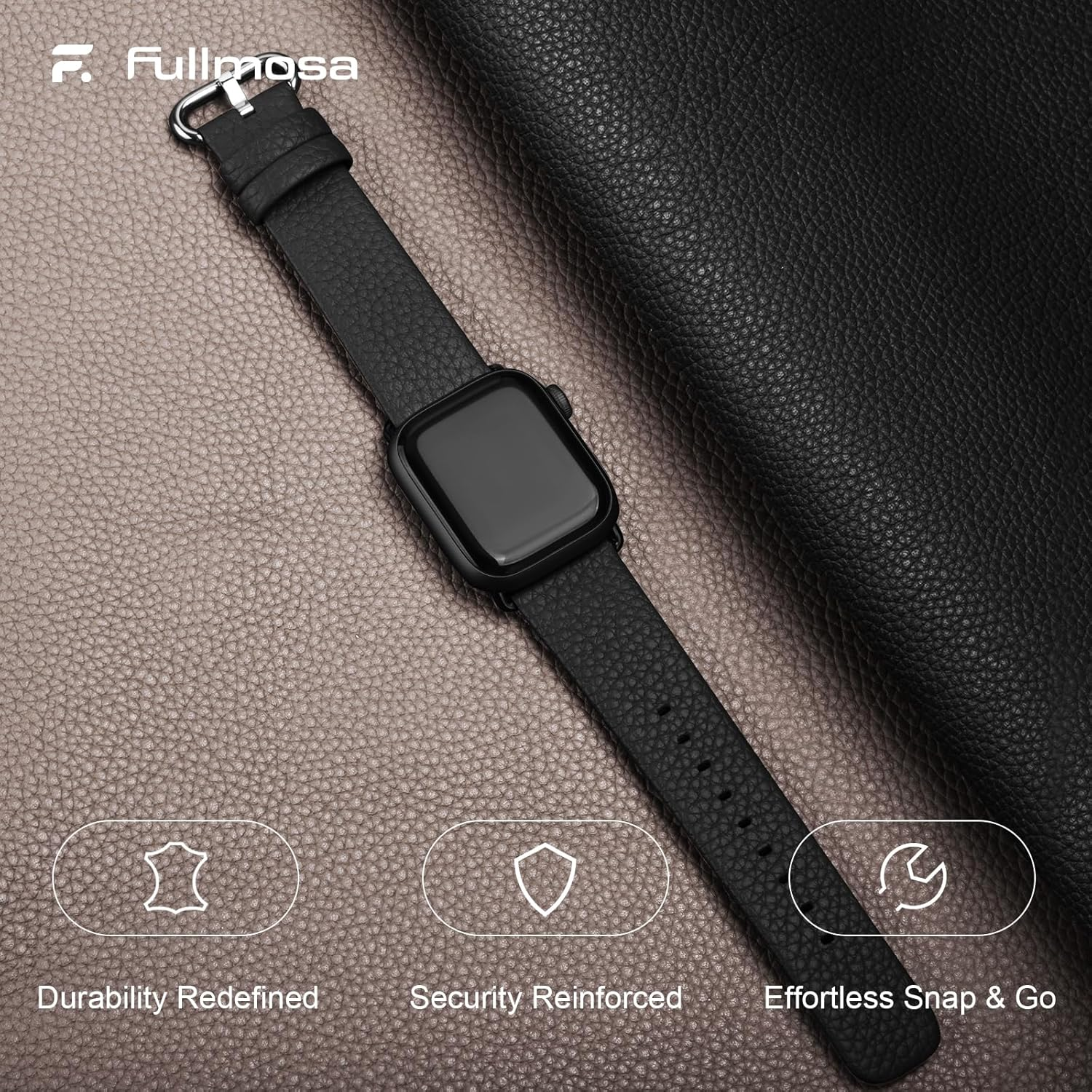 Fullmosa Compatible for Apple Watch Band 49Mm 46Mm 45Mm 44Mm 42Mm,Lychee-Textured Premium Real Leather Apple Watch Strap for Iwatch Ultra Se&Series 11 10 9 8 7 6 5 4 3 2 1, Black image number 5