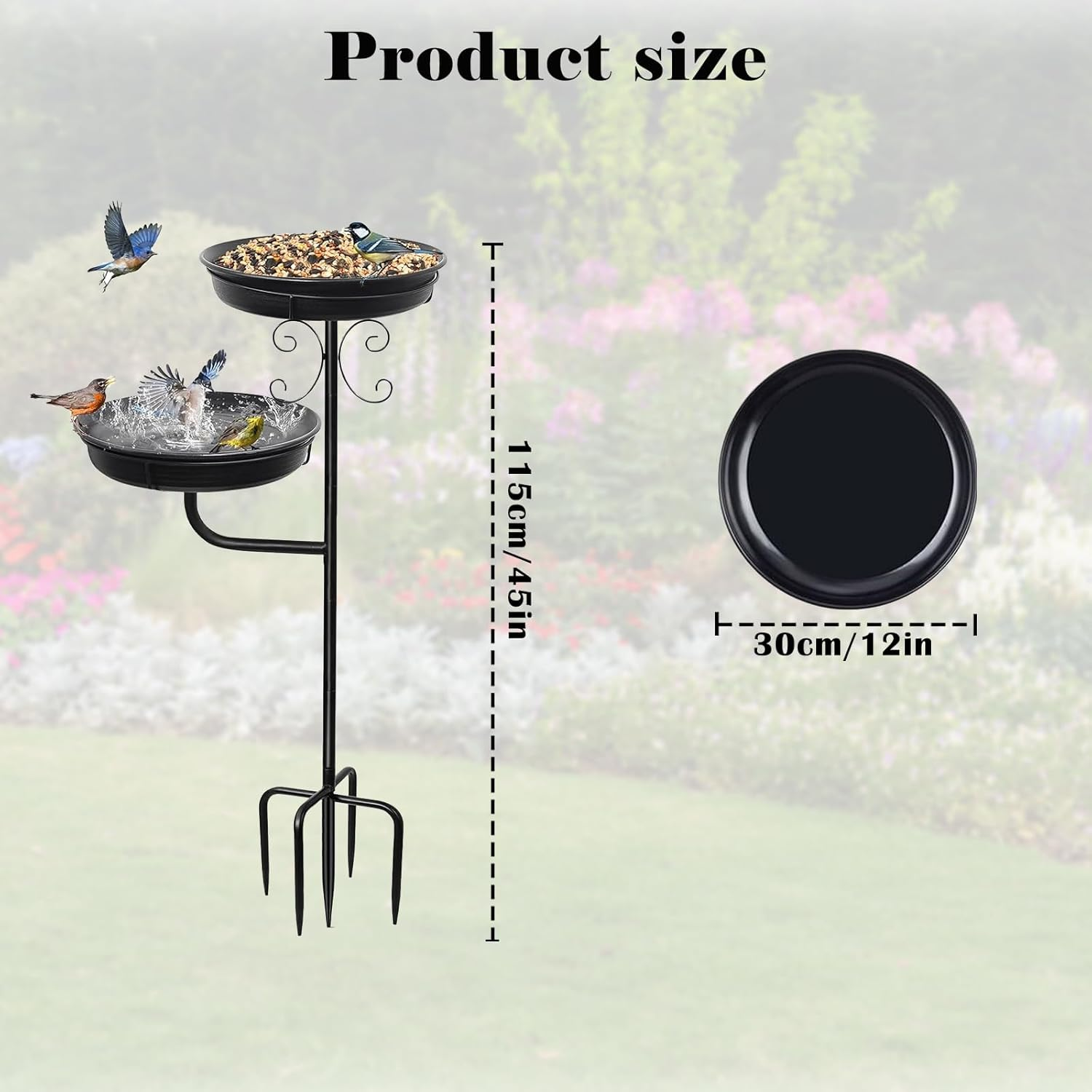Heavy-Duty Metal Stake Bird Bath: Removable Outdoor Feeder & Spa for Garden, Lawn - Standing Design (Black) image number 3