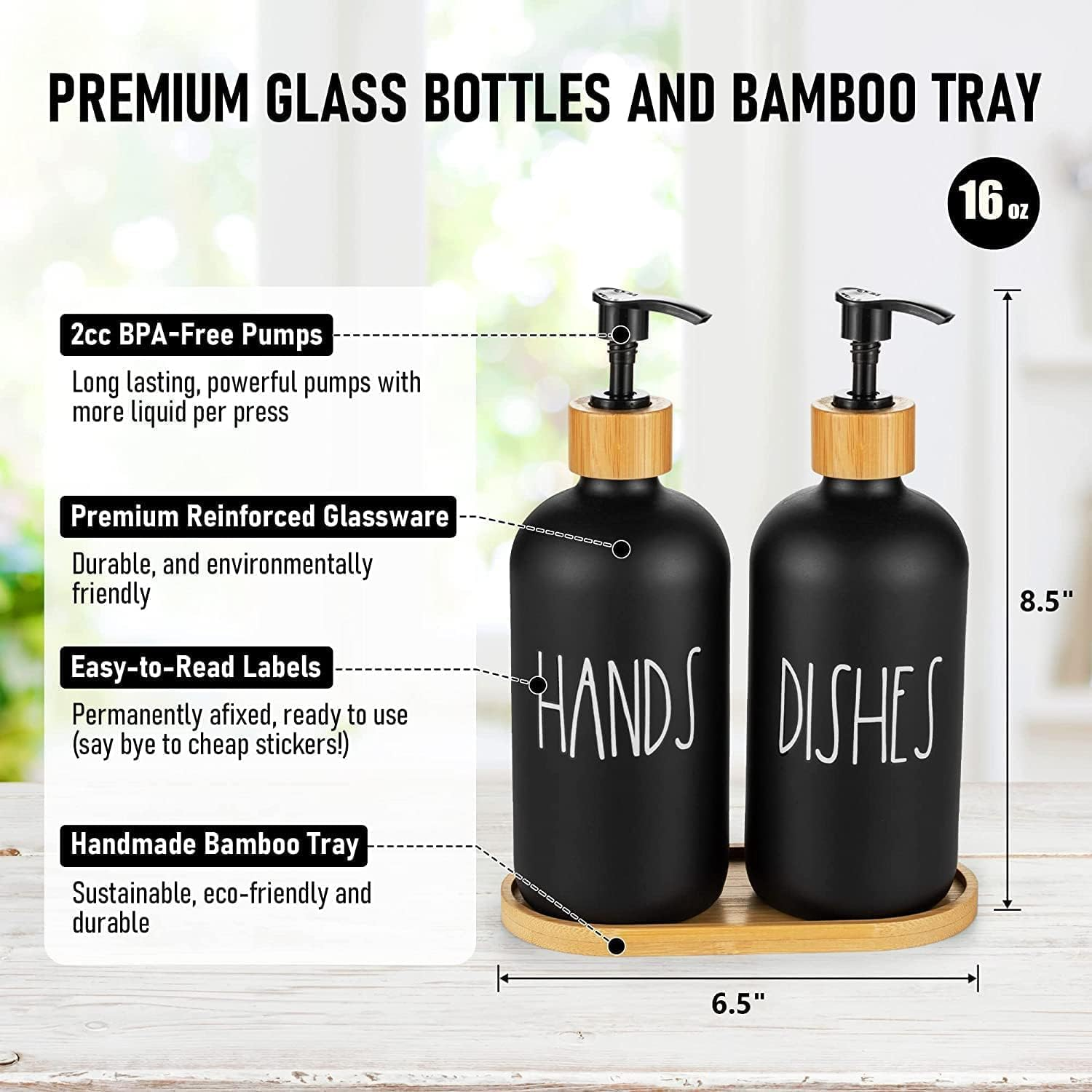 Black Glass Hand Soap and Dish Soap Dispenser Set with Bamboo Lid & Tray, Kitchen Set Suitable for Black and White Kitchen Decor (Black &Tray) - White  Tray image number 6