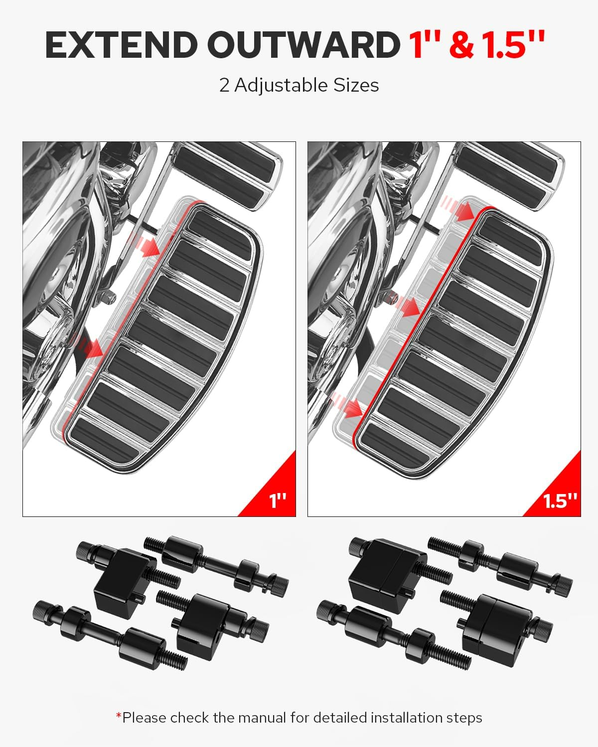 Benlari 1Inch &1.5Inch Driver Floorboard Extensions, Floorboard Spacer Extenders Kit Fit for Harley Touring Street Glide Road Glide Electra Glide Road King 2009-2024 FL Trikes 2009-2013, Black