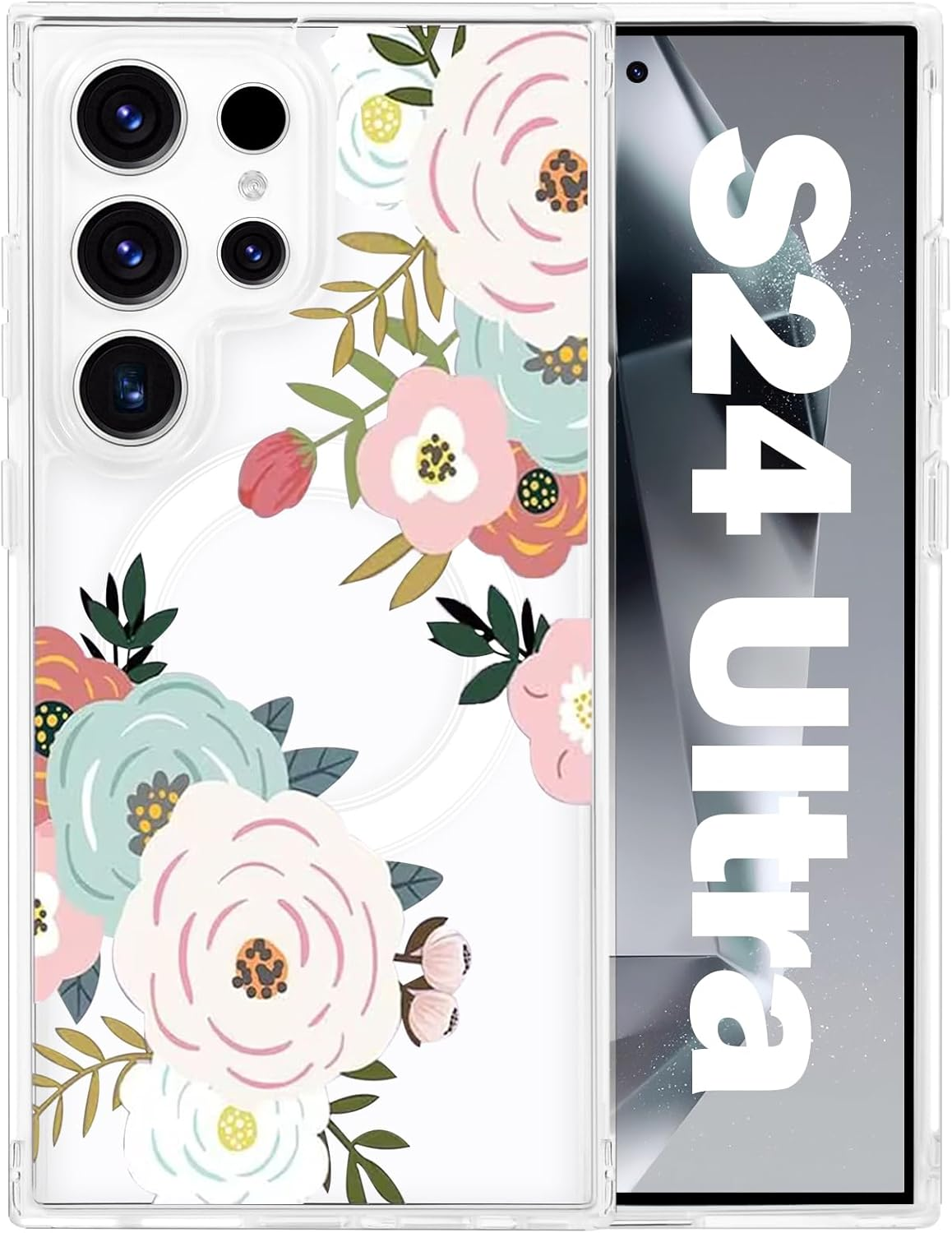 Tcaraersing for Samsung Galaxy S24 6.2" Magnetic Flower Case - Floral Pattern Shockproof Cover with Magsafe Compatibility, Slim Hard PC Back & Soft TPU Edge for Women & Girls, Peony
