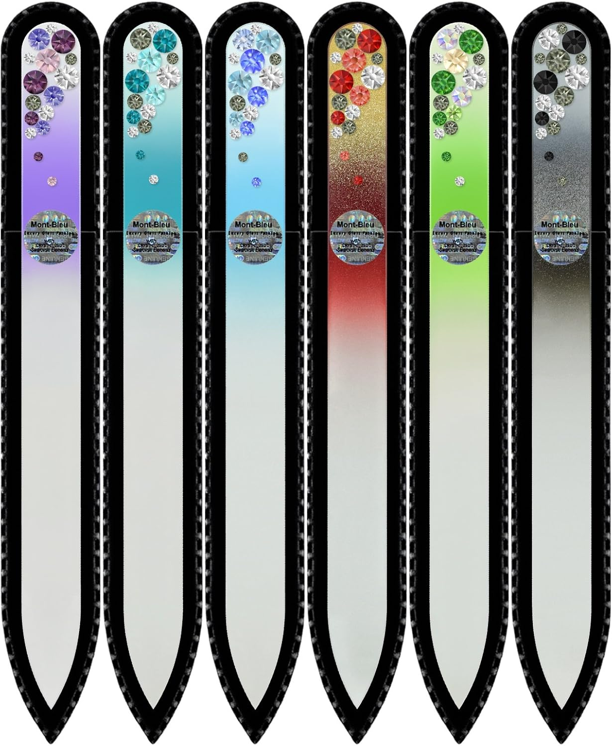 Mont Bleu Gift Set of 5 + 1 Free Glass Nail Files Hand Decorated with Crystals from Swarovski - Handmade - Czech Tempered Glass - Lifetime Guaranty - Best Gifts for Women - Nail File
