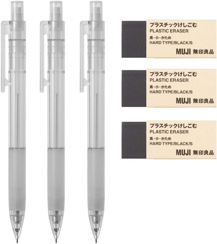 MUJI Polycarbonate Mechanical Pencil W - Rubber Grip, 3 Pcs & MUJI Eraser [Black - Small], 3 Pcs image number 2