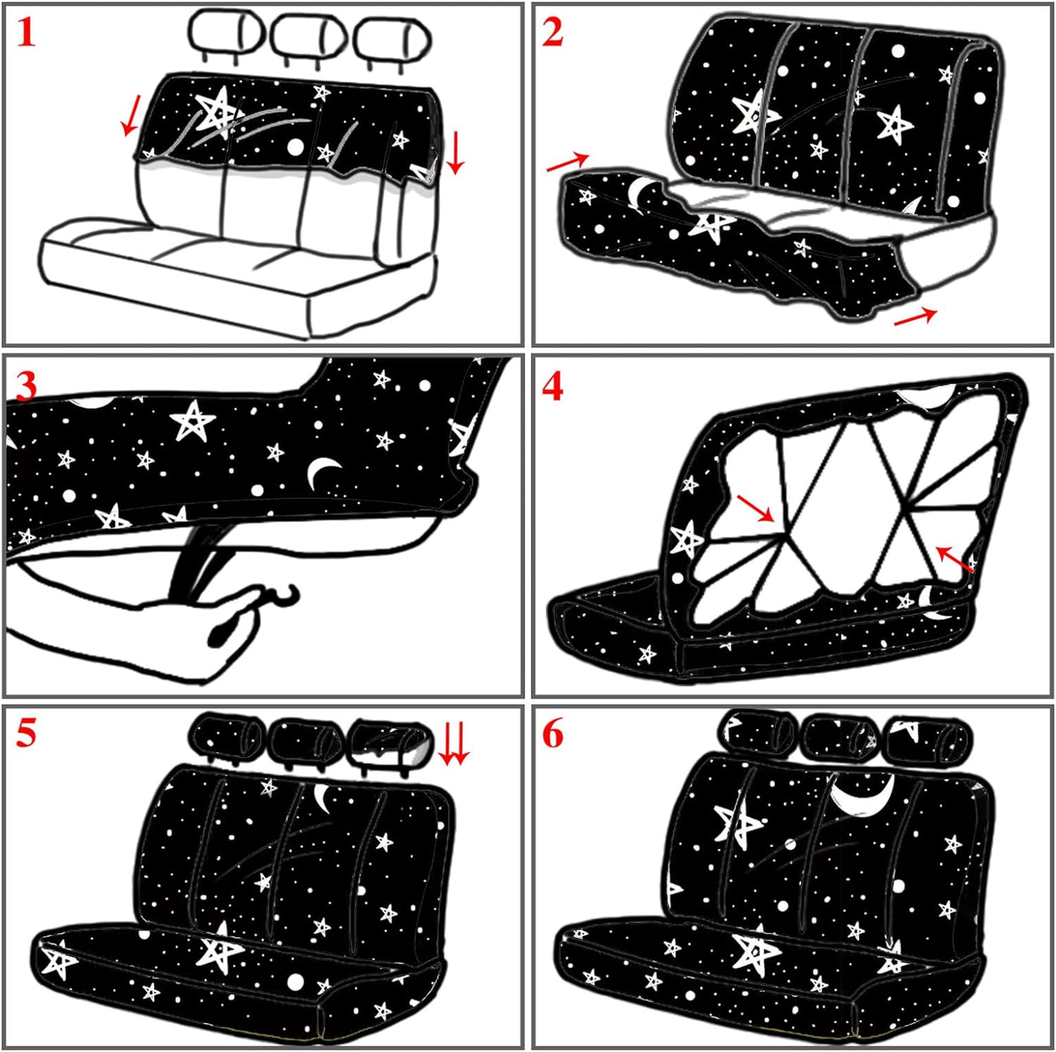 Yexiya 15 Pcs Moon and Star Car Seat Covers Print Car Accessories Full Set for Women Men Set Steering Wheel Cover Armrest Pad Seat Belt Pads Wrist Keychain Auto Interior Decor(Moon, Star) image number 3