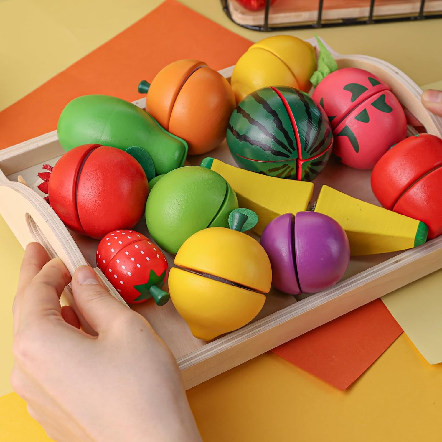 MCPINKY 15PCS Wooden Play Food, Play Kitchen Accessories Food Cutting Toys Montessori Toys for Kids image number 3