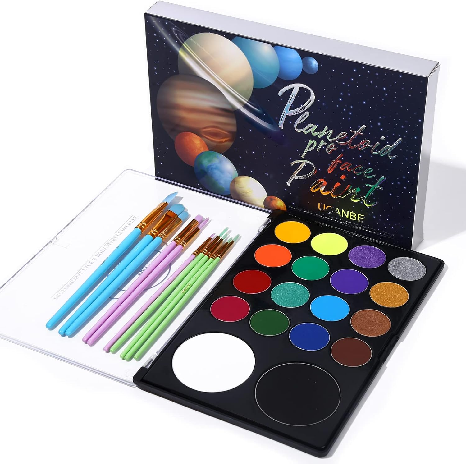 UCANBE Face Paint Kit + 10Pcs Paint Brush Water Activated Body Paint SFX Makeup Palette for Cosplay Halloween Black White Face Painting Kits for Adults Matte Neon Special Effects Makeup Kit image number 1