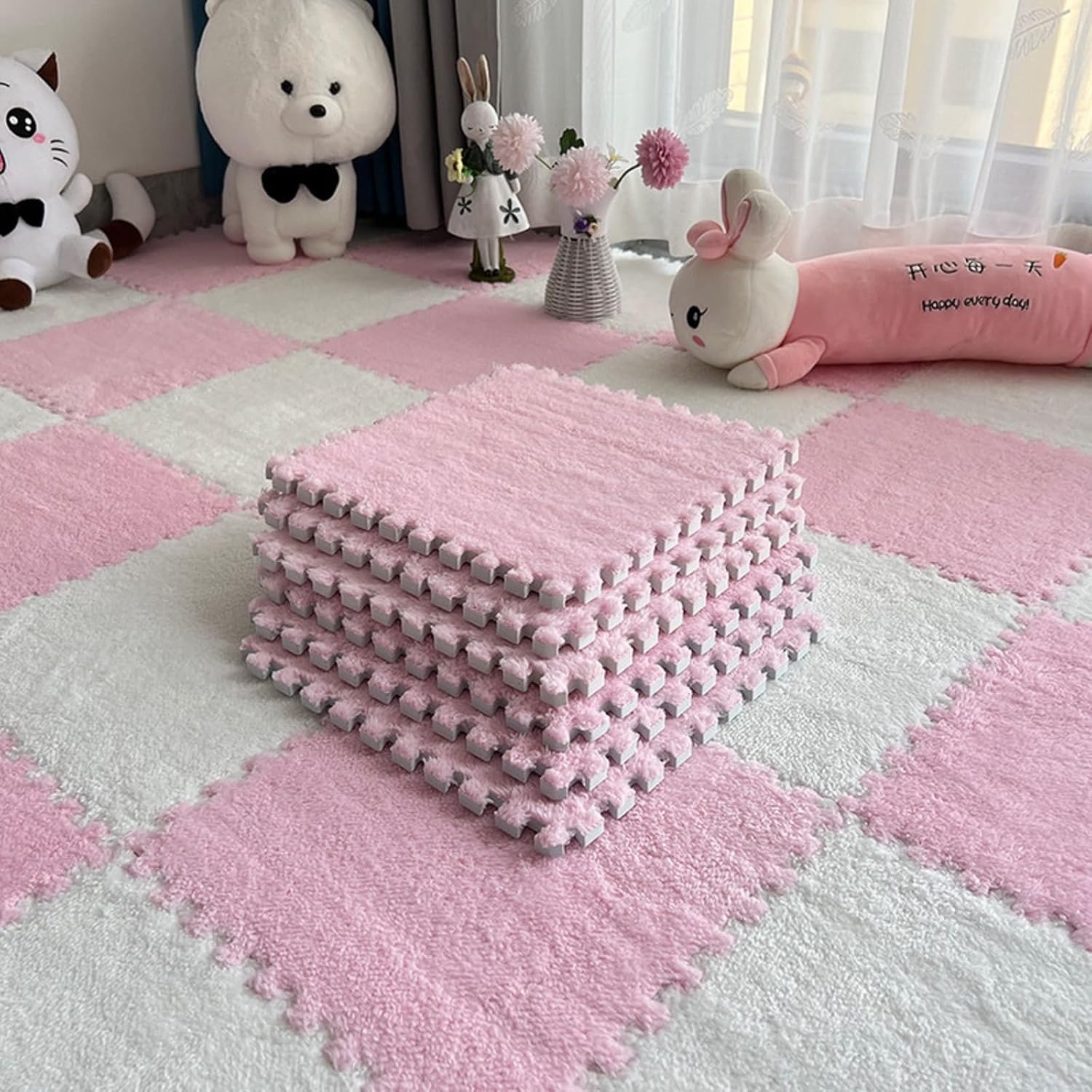 Typutomi 10Pcs Plush Puzzle Foam Floor Mat, Soft Fluffy Interlocking Square Foam Tiles Area Rugs Carpet for Parlor Bedroom Decoration(11.8X11.8In, Pink & White) image number 4