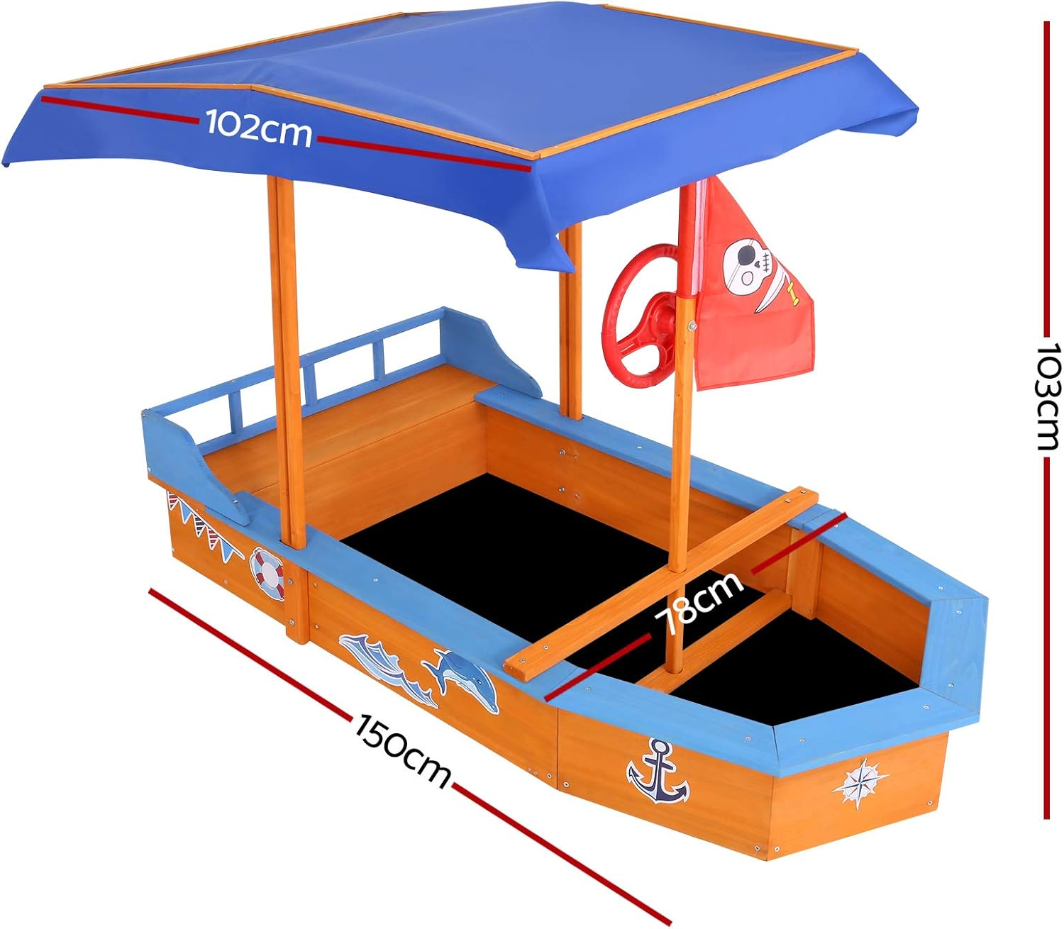 Keezi Kids Sandpit, Wooden Water Table Sand Pit Play Toys Sandcastle Garden Patio Beach Activity Outdoor Toy Games, with Canopy Ground Sheet Steering Wheel Multi-Coloured image number 2