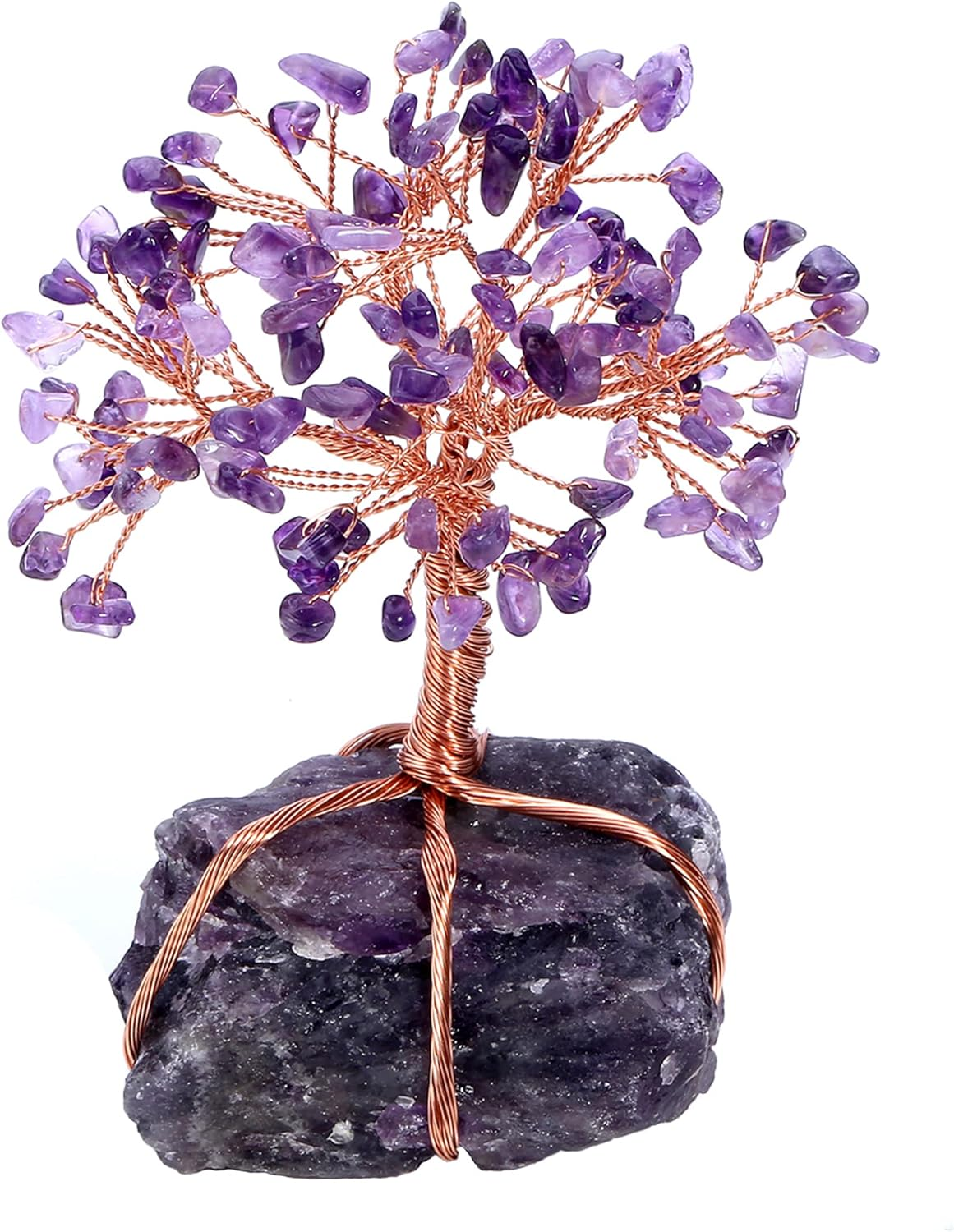 (Rose Quartz) - Top Plaza Chakra Healing Crystals Copper Money Tree Wrapped on Natural Rose Quartz Base Feng Shui Luck Figurine