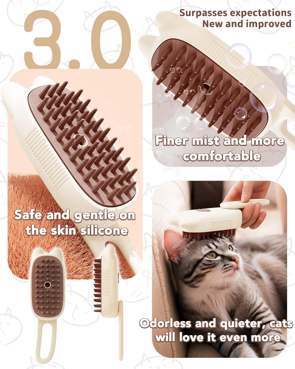 Steamy Cat Brush Cat Steam Brush 3 in 1 Cat Steam Brush for Massage Detangling and Hair Removal Cat Grooming Brush for Cats and Dogs (Milky) - Milky image number 2