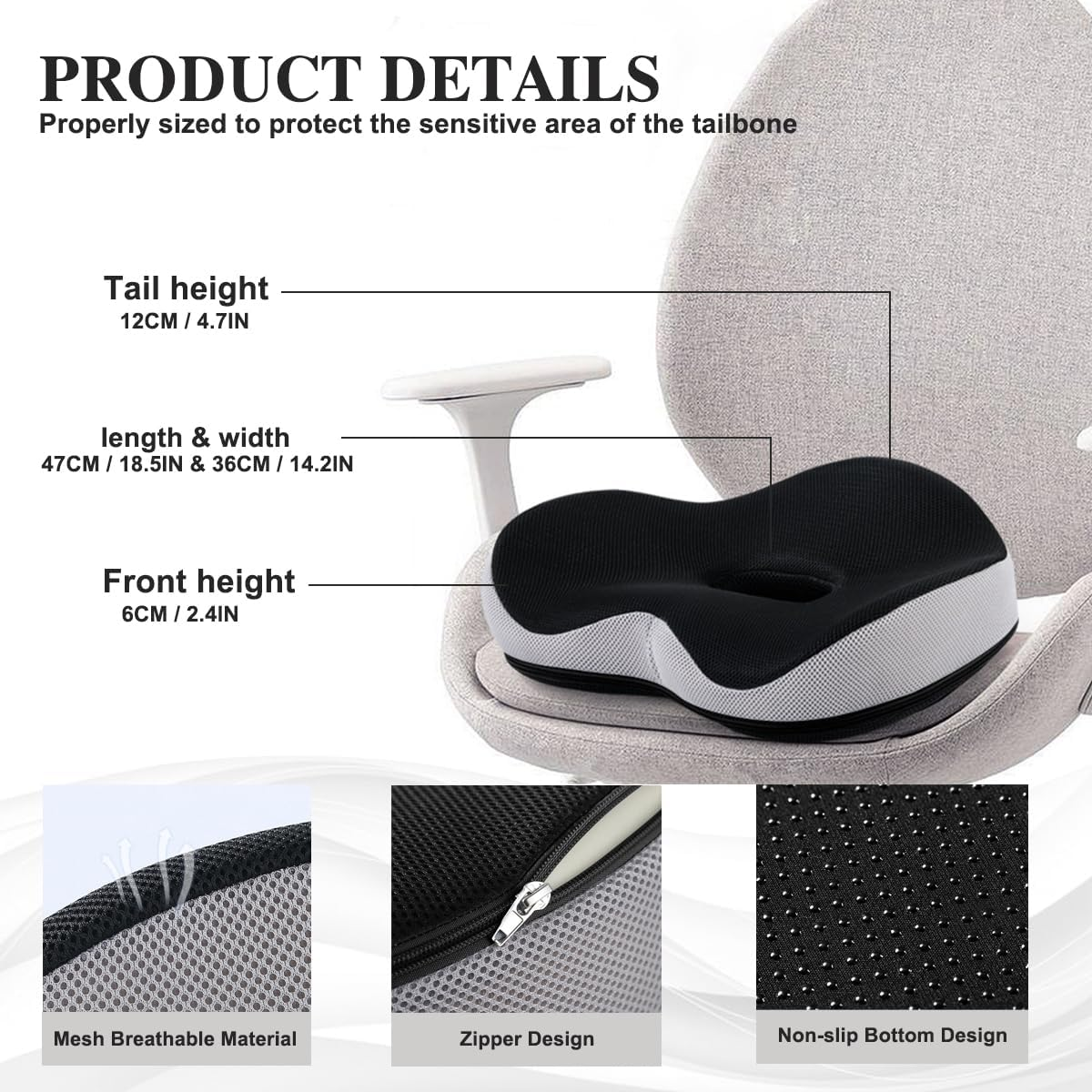 Seat Cushion, Ergonomic Coccyx Cushion for Office and Car Chair, Memory Foam Seat Cushion for Post-Op Hemorrhoids,Tailbone Pain Relief,Office Chair Cushion for Reducing Sedentary image number 6