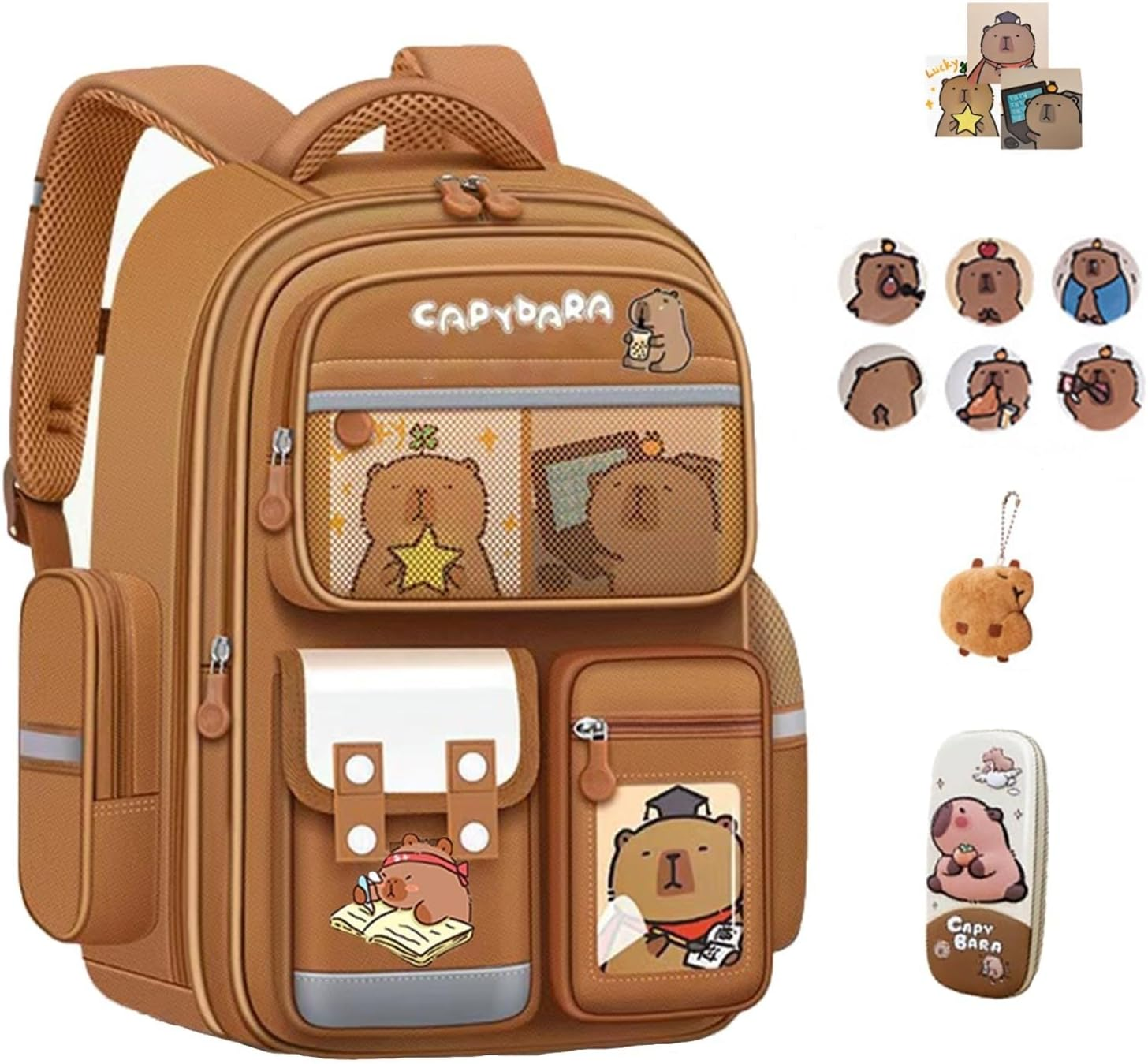 Mochila Capybara Backpack for School Kindergarten Kids Cute Cartoon Large Size Travel Book Bag with Suppes Stationery Set 1 Pencil Case Three Cards 6 Badges and 1 Plush Pendant Brown Schoolpack image number 6