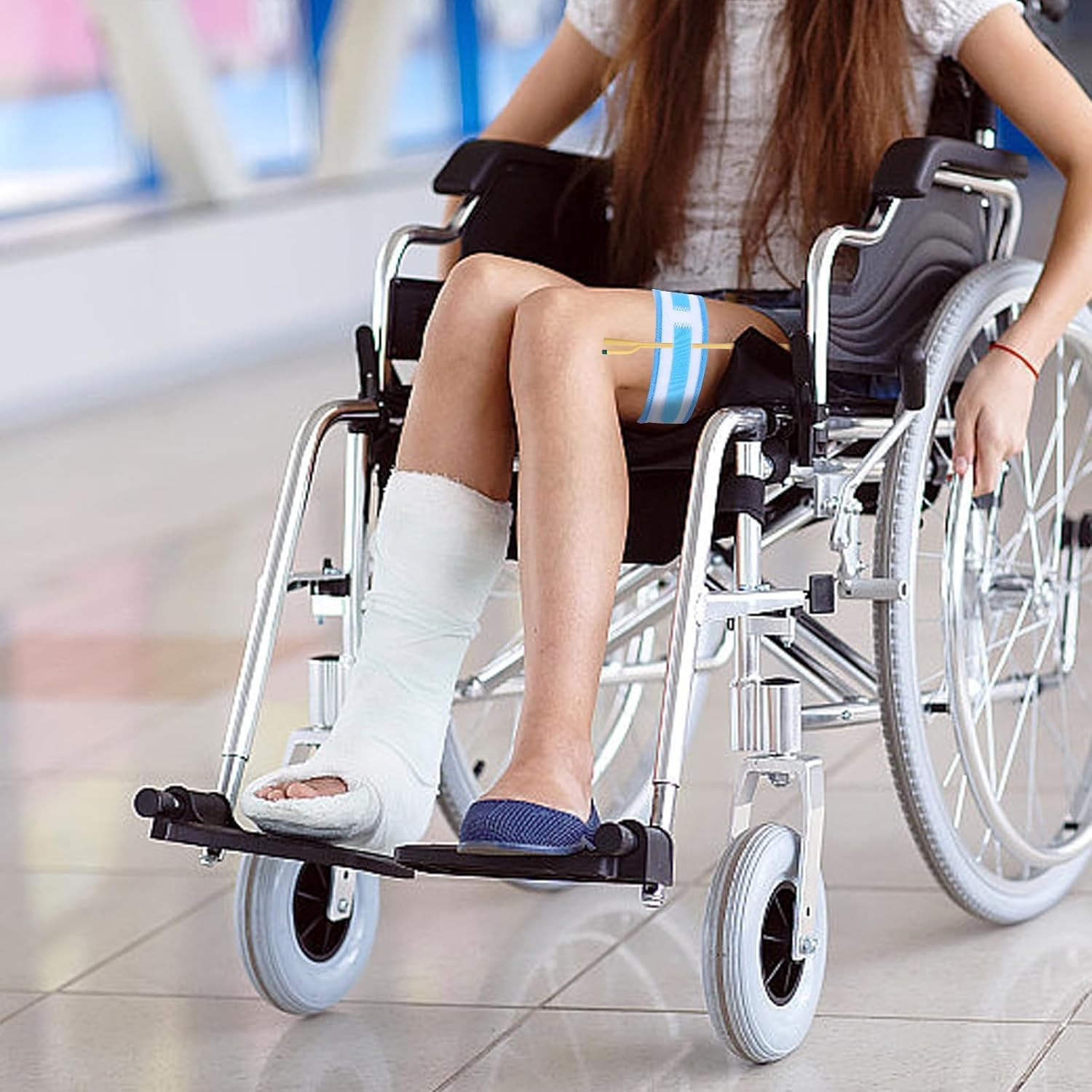 Catheter Stabilization Device (2Pcs) - Elastic Anti-Slip Leg Strap for Foley Catheter & Urinary Drainage Bags | Skin-Friendly Stabilizing Holder for Men/Women | 23.6"X2" Day & Night Use (Blue) image number 3