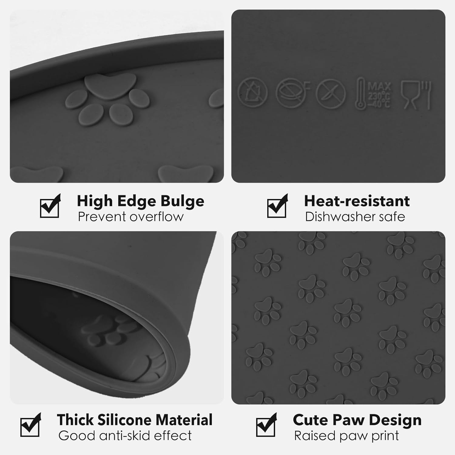 Silicone Pet Food Mat - Waterproof Dog & Cat Feeding Mat with High Lip to Prevent Spills & Protect Floors, Black image number 2