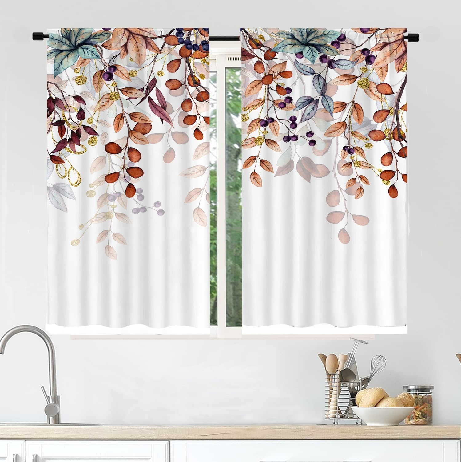 Floral Rustic Kitchen Curtains - Farmhouse Botanical Tier Drapes Kitchen Window Curtains 39 Inch X 27.5 Inch, Colorful Leaves Rod Pocket, 2 Panels Set (Cafe/Country Decor)