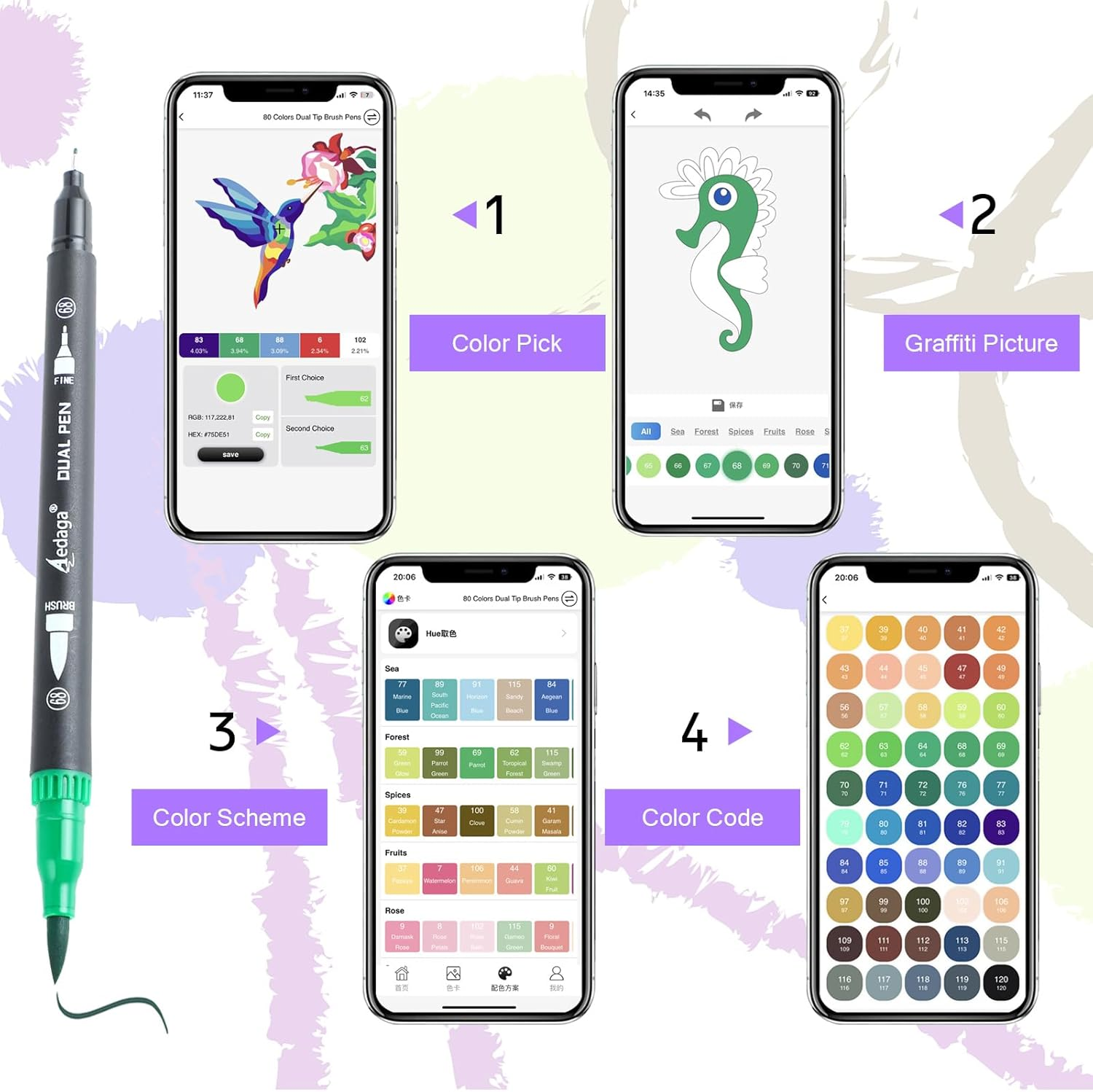 80 Colors Numbered Dual Tip Brush Pens with Free App, Colored Markers for Adults and Kids, No Bleeding Markers Set for Coloring Book, Art Supplier Fine Tip Marker Pens, Bullet Journaling - 120 Colors image number 5