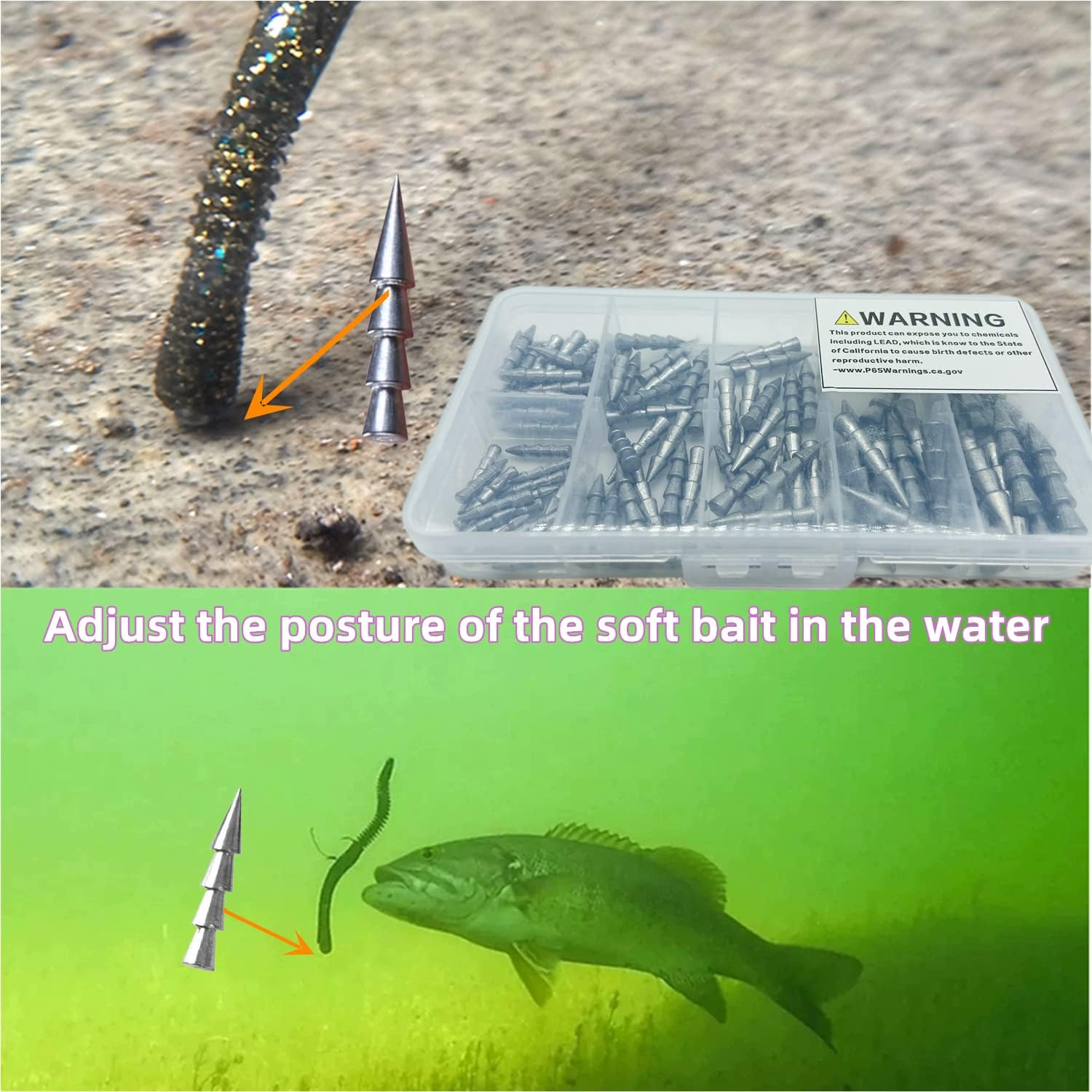 DAMIDEL 100Pcs/Box Nail Weights Sinkers(1/6Oz,1/9Oz,1/8Oz,1/14Oz,1/25Oz,1/50Oz) 6 Sizes Mixed，Insert Sinkers Lead Fishing Weights for Tackle Worm Soft Plastic Lures image number 6