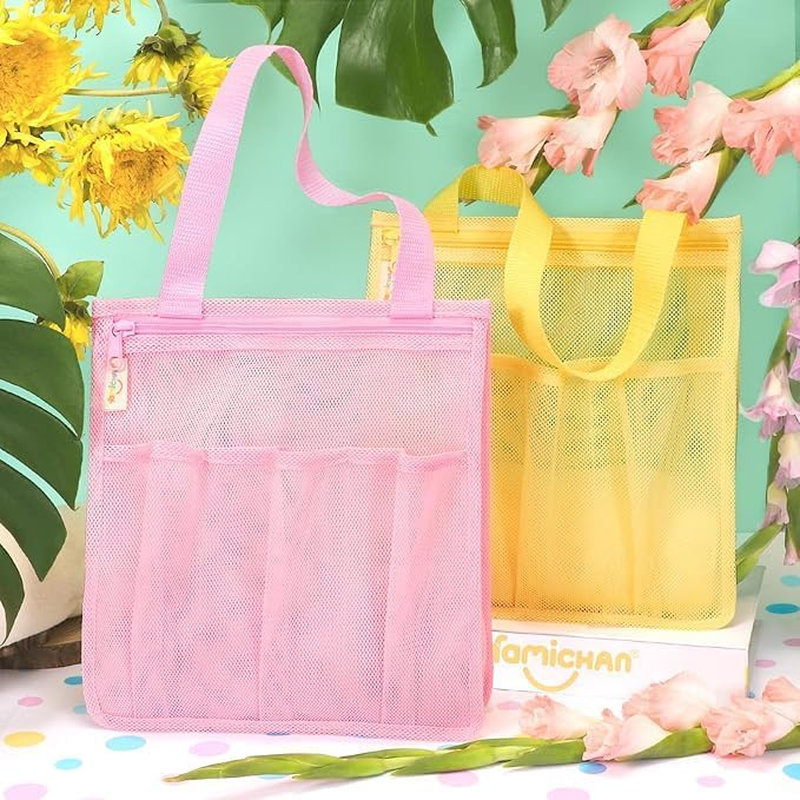 Travel Hanging Toiletry Bath Organizer Caddy with Zipper, 1Pc College Dorm Room Net Essentials Bag with 4 Pockets, Shower Caddy Quick Dry Mesh Tote Bag for Gym, Travel, Pink image number 1