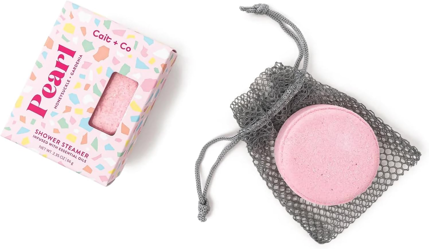 Cait + Co Aromatherapy Essential Oil Infused Shower Steamer with Mesh Bag, Honeysuckle and Gardenia Scent, Pearl - Pack of 2