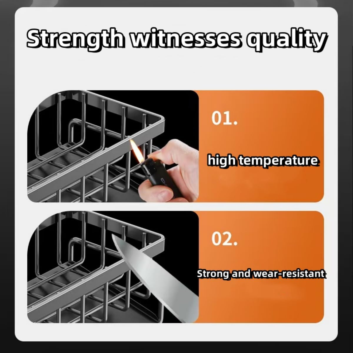 Kitchen Sink Caddy Organiser with Self Draining Tray, Sponge Holder for Kitchen Sink with Brush Holder, Dish Soap Holder, Kitchen Sink Accessories Made of Carbon Steel image number 3