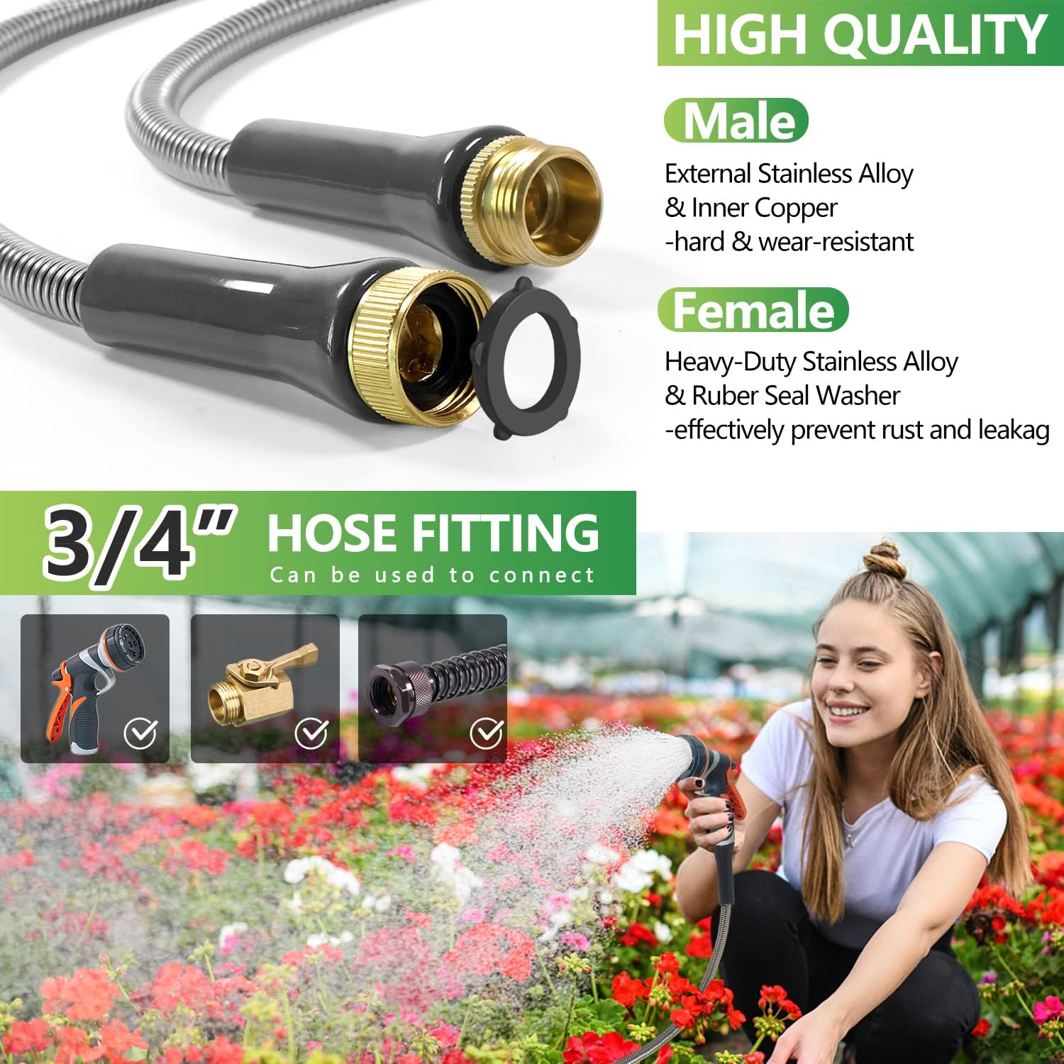 Short Stainless Steel Garden Hose 15 Ft &ndash; Lightweight Flexible Metal Garden Hose - Thorn Proof Steel Metal Water Hose with Solid Fittings for Garden, Outdoor (15Ft) image number 3