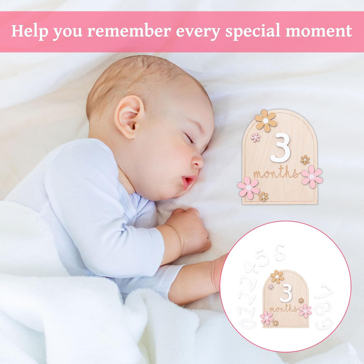 Baby Milestone Cards, Baby Items, Baby Stuff, Monthly Milestone, Monthly Milestone Cards, Wooden Milestonesigns, Interchangeable Number Set of 11 to Document Your Baby'S Growth (Flower) image number 4