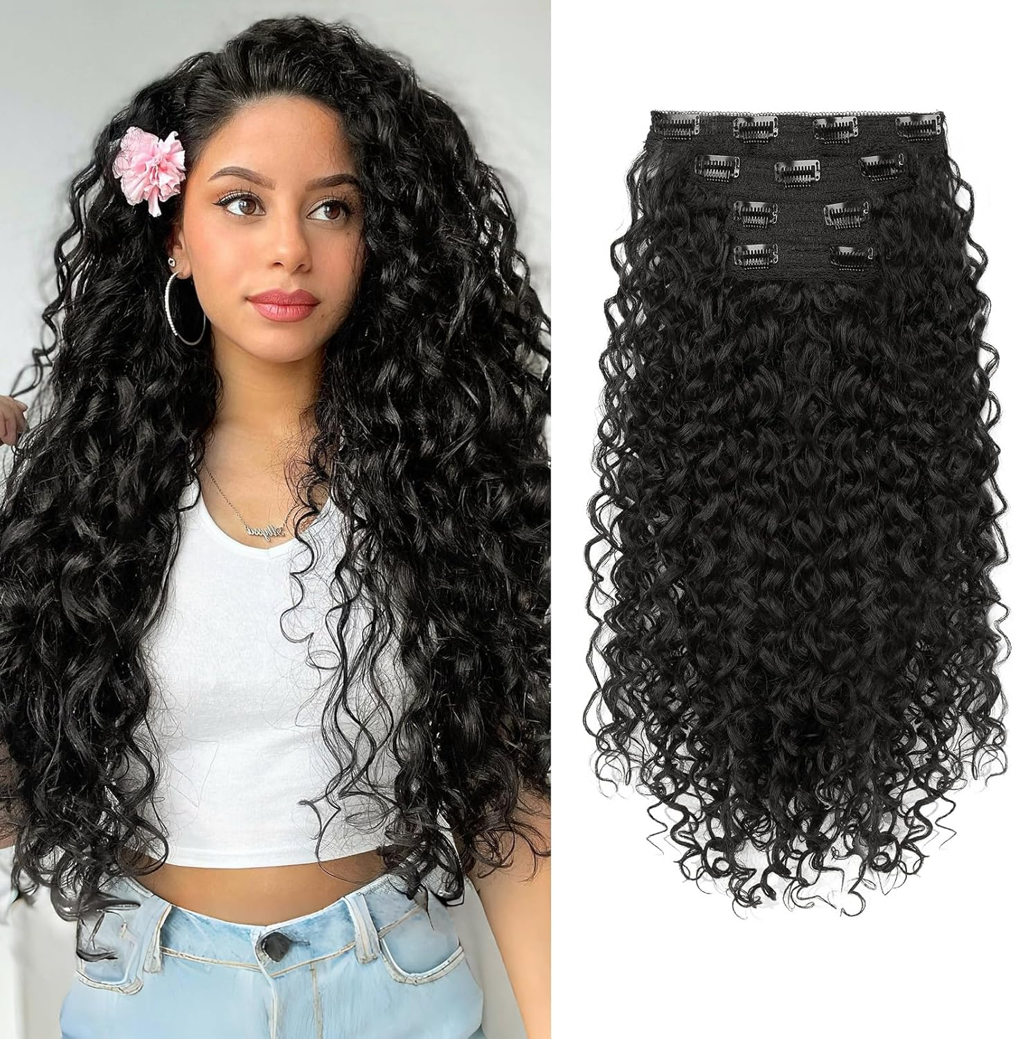 Clip in Hair Extensions, FLUFYMOOZ 4PC 100％ Pure Protein Silk Hair Extensions Long Soft Natural Hairpiece 20 Inch Curly Hair Extension for Women (Black Brown)