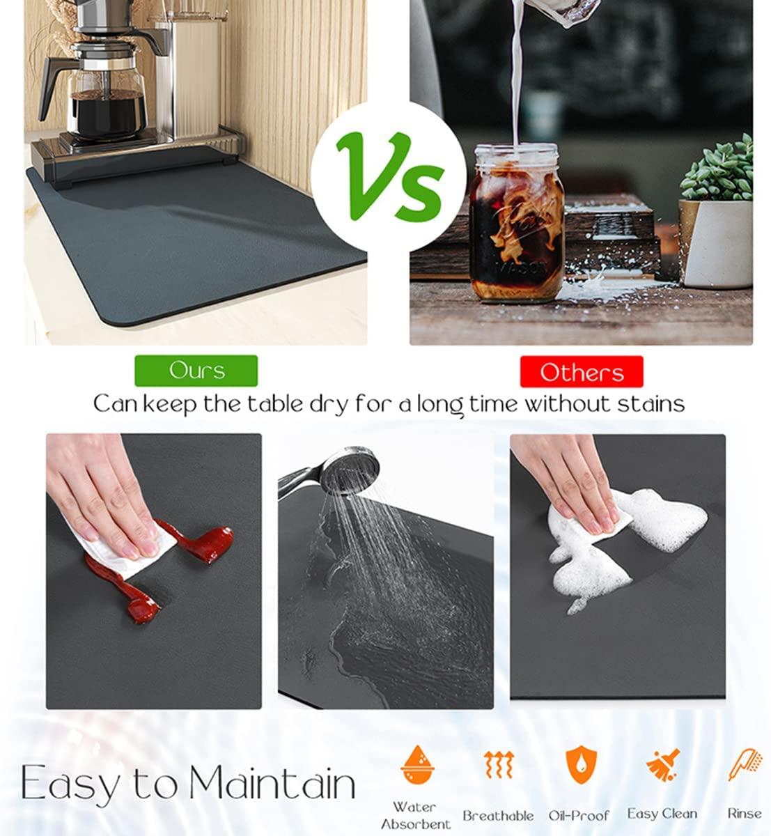 Coffee Mat Hide Stain Rubber Backed Absorbent Coffee Maker Mat for Countertops Coffee Bar Mat Decor Bar Spill Mat Rubber Dish Drying Mat Coffee Bar Accessories for Kitchen Counter(50X60Cm)
