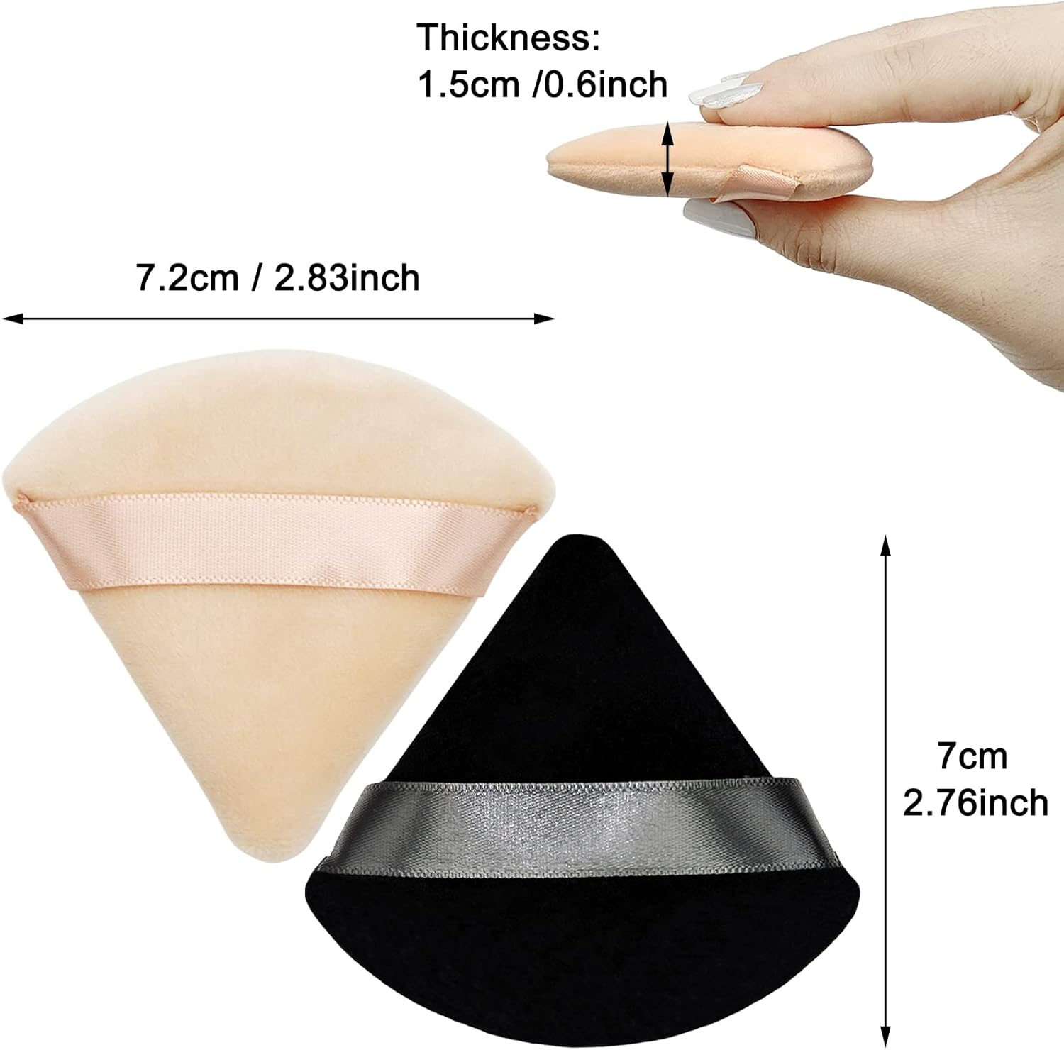 12 Pieces Cosmetic Powder Puff,2.76 Inch Portable Soft Sponge Setting Face Puffs,Triangle Velvet Powder Puff with Ribbon Band Handle for Loose Powder Body Powder Makeup Tool(Black,Nude) image number 5