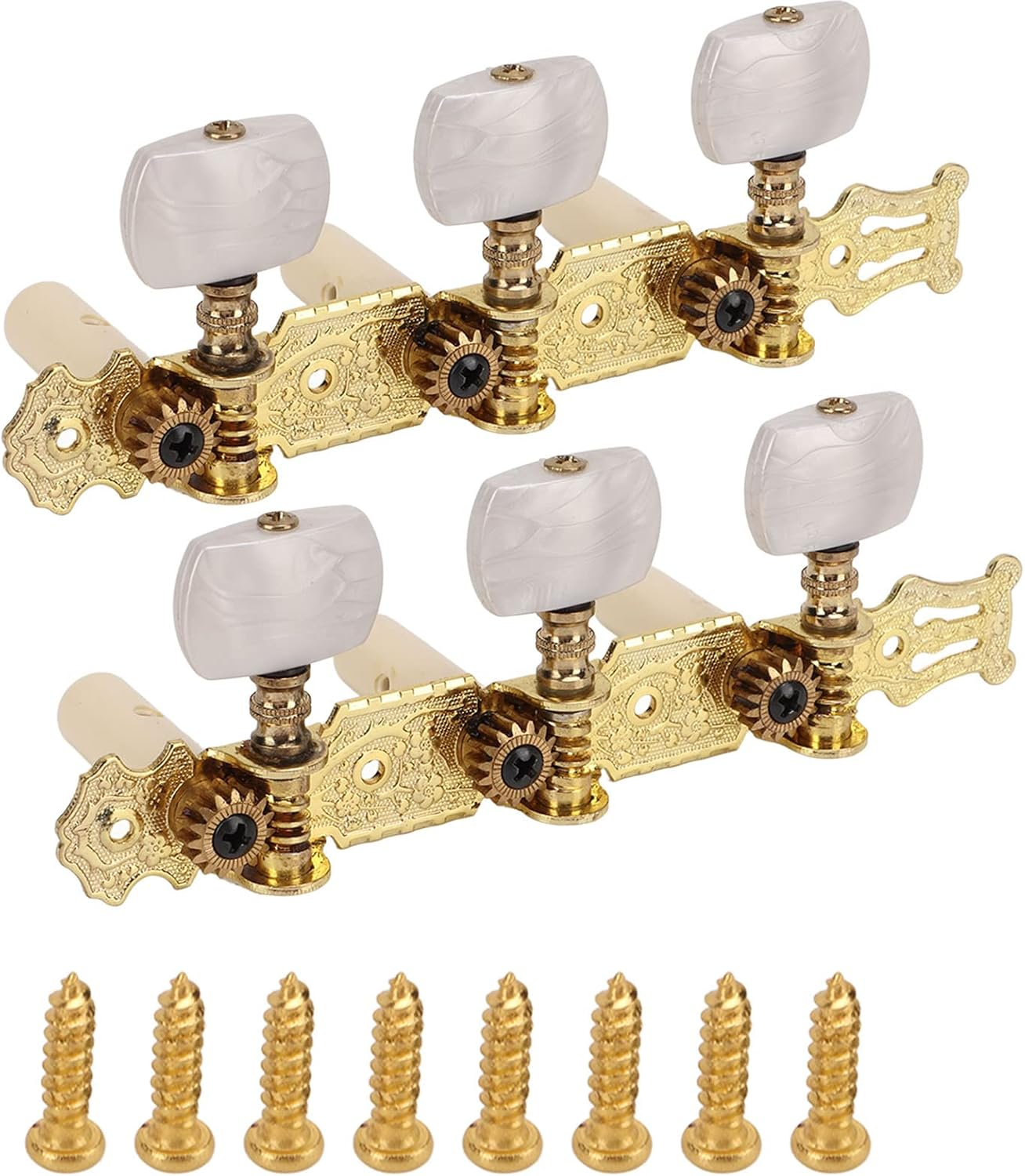 Tuning Pegs Keys, 2Pcs Classical Guitar String Machine Heads Easy to Install Metal Tuners Set Guitar Tuners Machine Heads with White Pearl Buttons for Classical Guitar image number 3