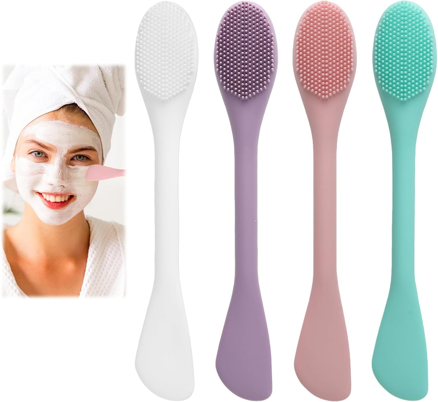 4 Pcs Silicone Face Scrubber Set - Silicone Pore Cleaning Brush for Gentle Exfoliation & Deep Cleansing for Clay, Mud & Charcoal Masks (Blue, Pink, White, Purple) image number 2