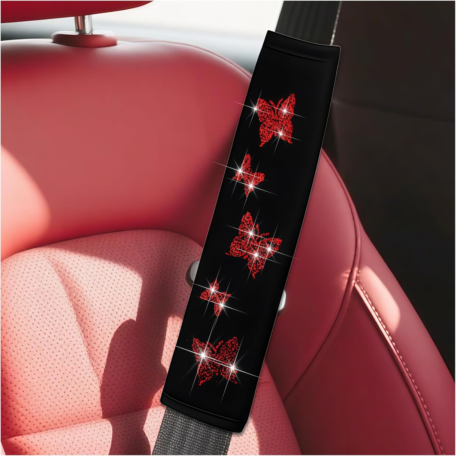 KHGUZ 2PCS Car Seat Belt Covers, Polyester Fiber Vehicle Seatbelt Cushion Pad Protector, Automotive Safe Strap Cover Pad Help Protect Neck and Shoulder, Universal for SUV, Truck, Rv（Red） - Pink image number 4