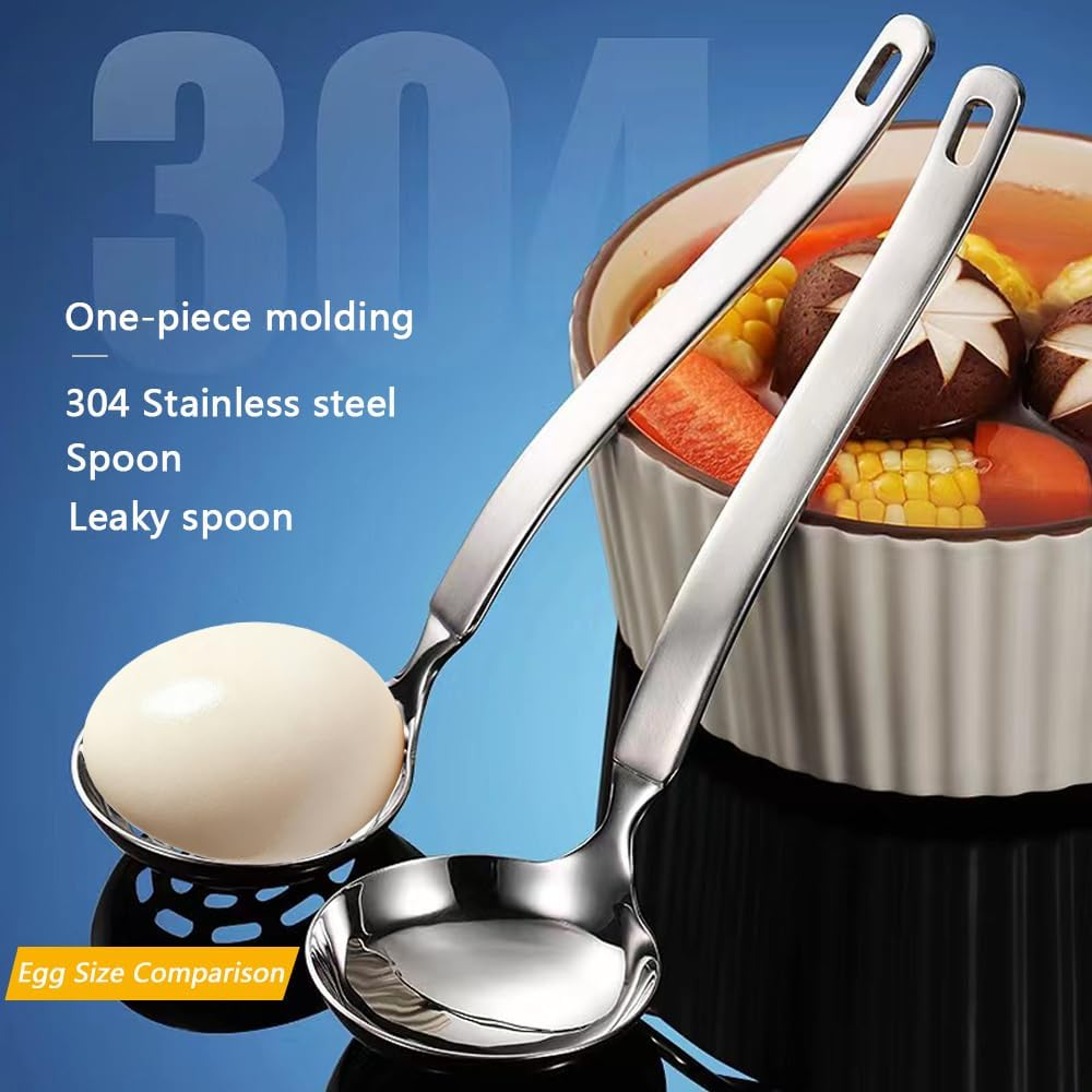 Soup Ladle Metal SUS304 Stainless Steel Ladles Spoon and Slotted Colander Spoon Set Small Soup Ladle with Holes Strainer Scoop Ladles for Serving Gravy Hot Pot or Restaurant,2 Piece Set image number 3