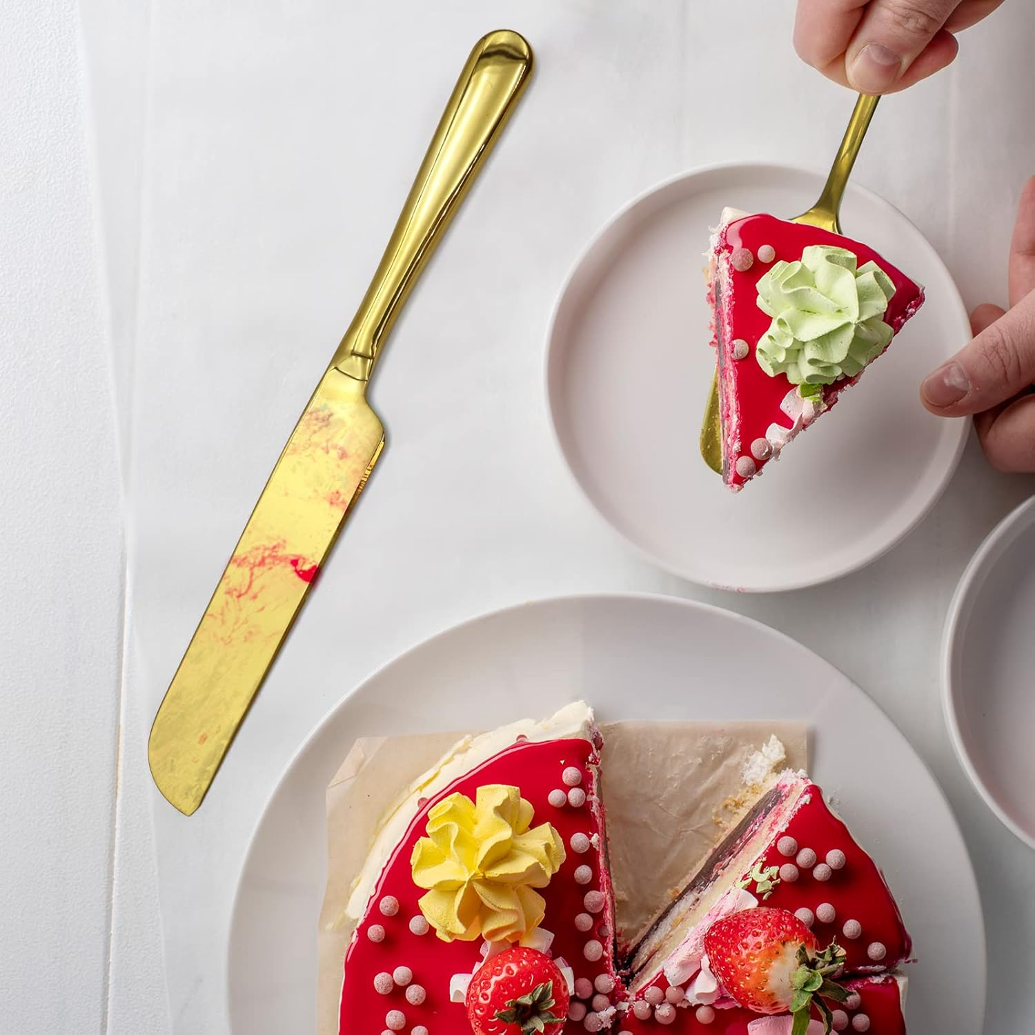 Cake Cutting Set for Wedding 2 Pcs Gold Stainless Steel Cake Knife and Server Set Elegant Cake Knife Wedding Decor Cake Stand for Birthday Anniversary image number 2