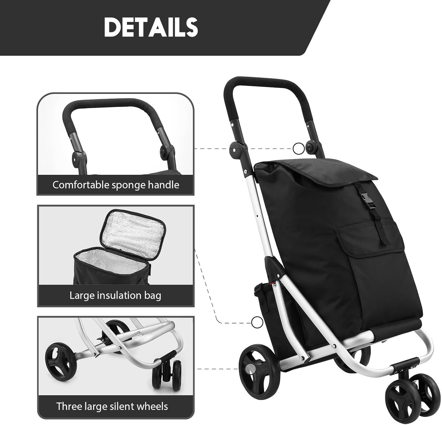 Maxkon Aluminium Shopping Trolley Waterproof Utility Cart Foldable Shop Grocery Bag with Insulation Bag Market Luggage with Wheels Black 45L image number 2