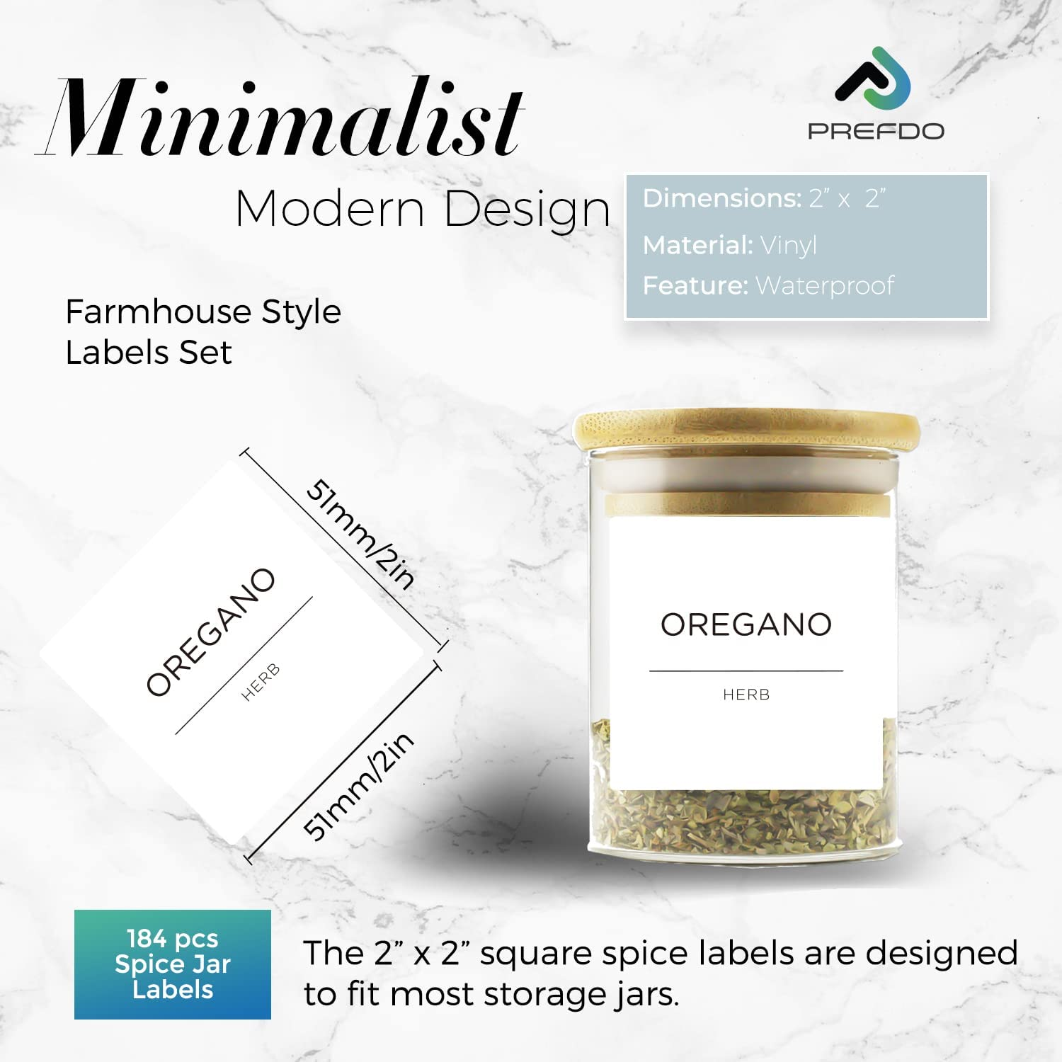 184 Spice Jar Labels, Prefdo Minimalist Preprinted White Sticker Black Text, Waterproof Seasoning Label Stickers for Pantry Spice Organization（White）
