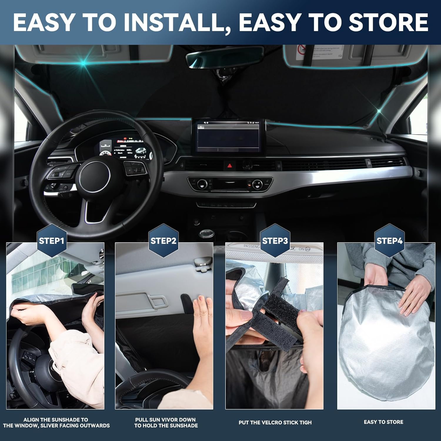 For Audi Q3 2019-2025 2026 Windshield Sun Shade - 4 Layers Car Sunshades for Front Windows Shade Cover Custom Fit Q3 Sun Visor 240T Retractable Shade Blocks UV Rays Car Accessories image number 4