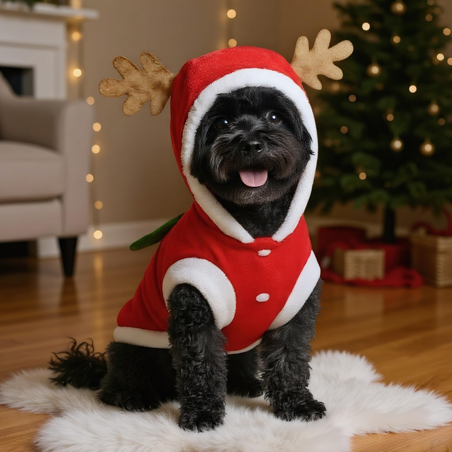 RUGBOL Dog & Cat Christmas Outfit, Cute Elk Pattern with Christmas Tree for Small, Medium & Large Dogs & Cats, New Year Party (M) image number 1