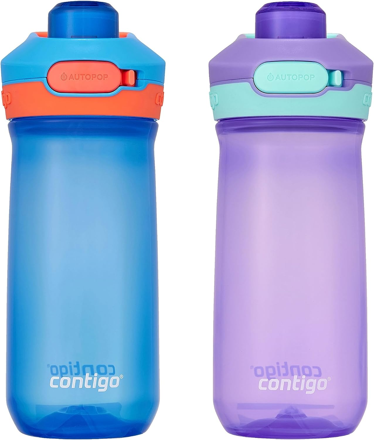 Contigo Jessie Kids Water Bottle with Leak-Proof Lid, 14Oz Dishwasher-Safe Kids Water Bottle, Fits Most Cup Holders, 2-Pack Blue Poppy/Coral & Amethyst/Jade