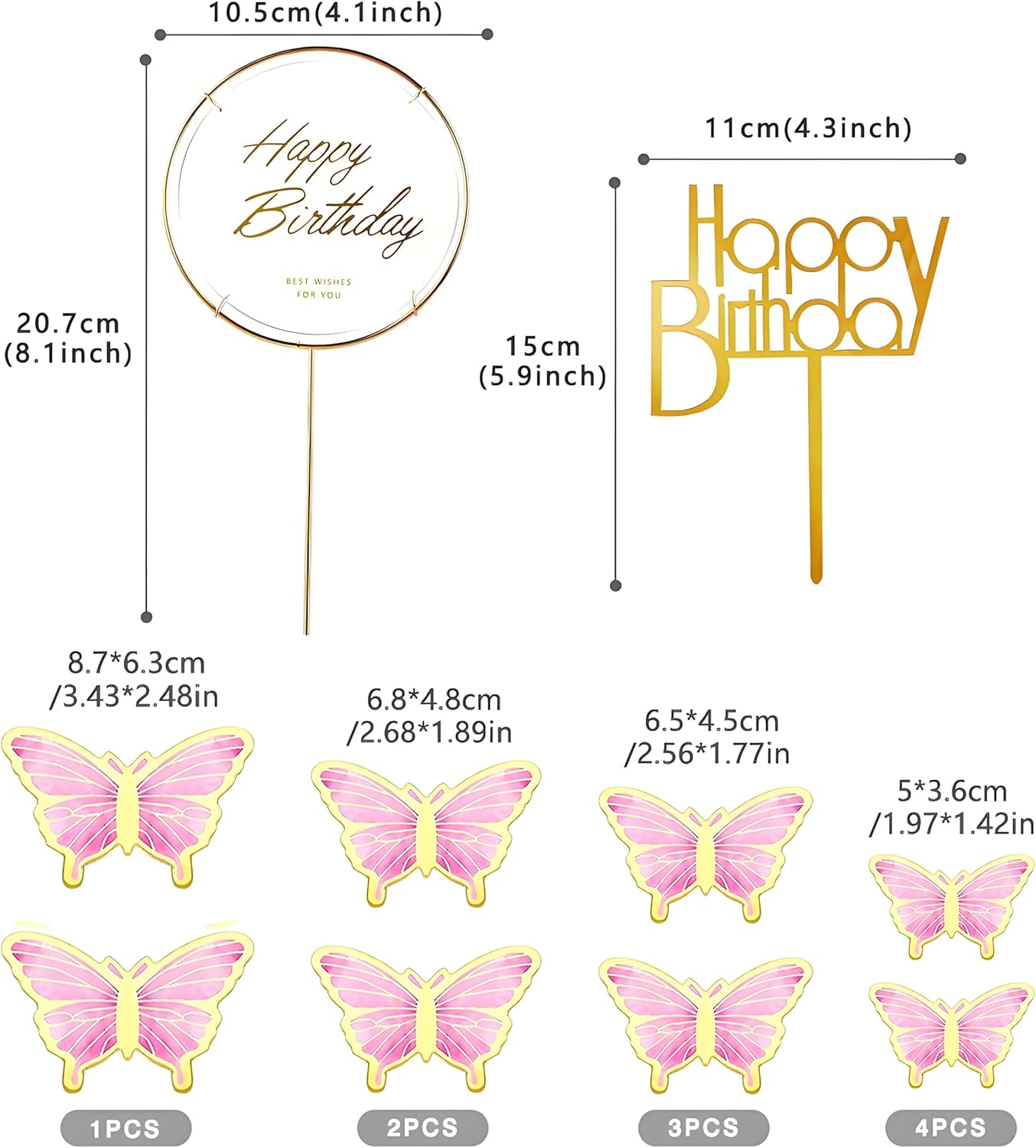 Butterfly Cake Toppers, 20 Pcs 3D Cupcake Toppers & 1 Pcs Happy Birthday Metal Gold Cake Topper for Women'S Birthday Party Decorations (Pink) image number 6