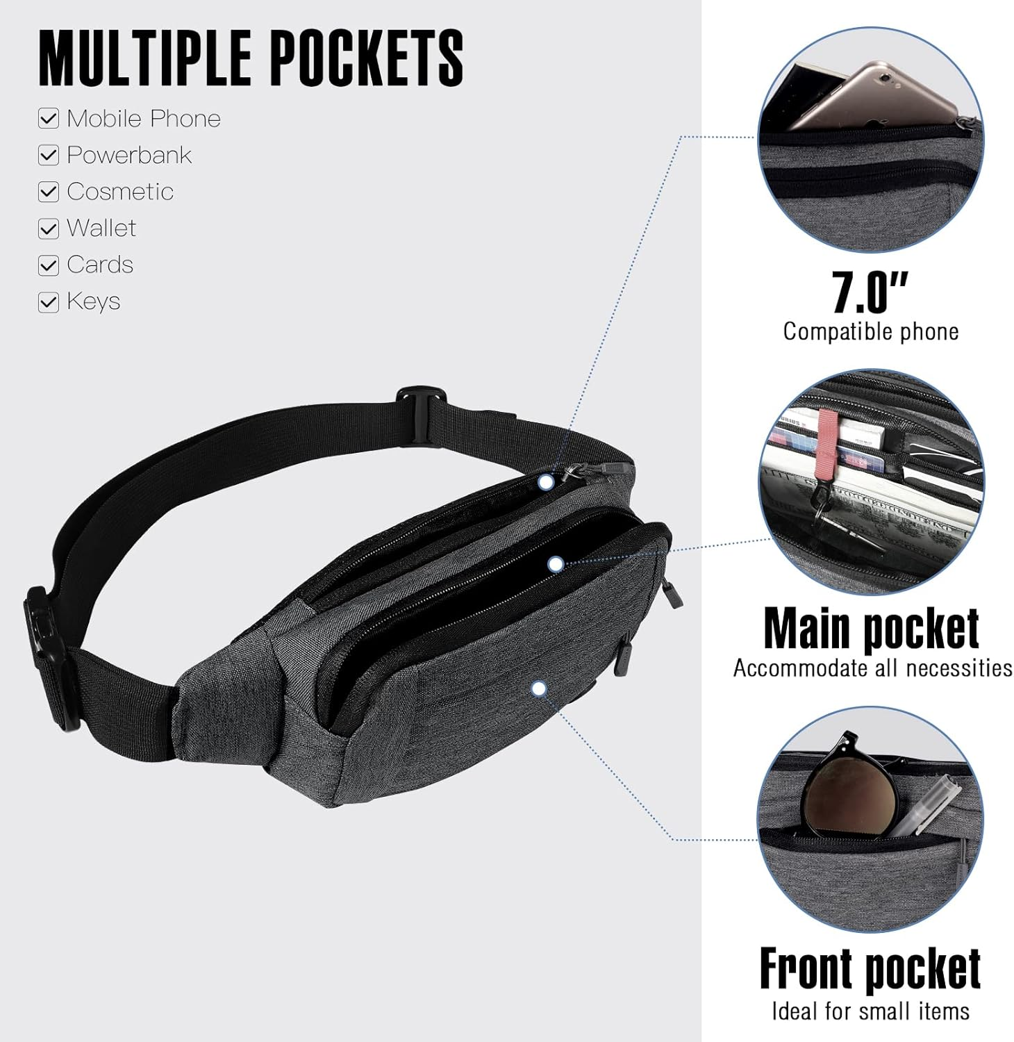 WATERFLY Fanny Pack Waist Bag: Runner Small Hip Pouch Bum Bag Running Fannie Pack Phanny Fannypack Waistpack Bumbag Beltbag Sport Slim Fashionable for Jogging Hiking Woman Man