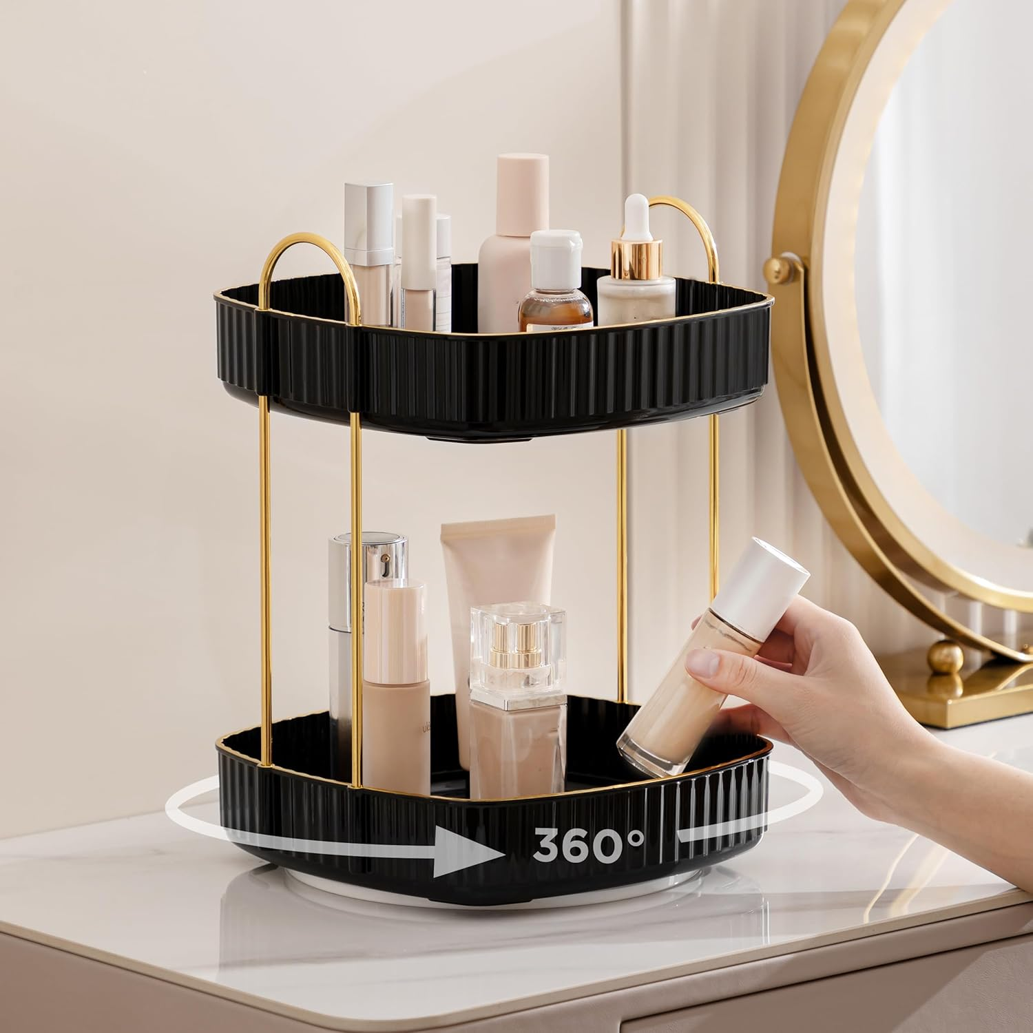 Makeup Organiser Rotating, Square 2 Tier Cosmetic Perfume Beauty Skincare Organiser Stand,Large Capacity 360 Spinning Organiser Storage for Vanity Bathroom Desk Countertop,Black image number 2